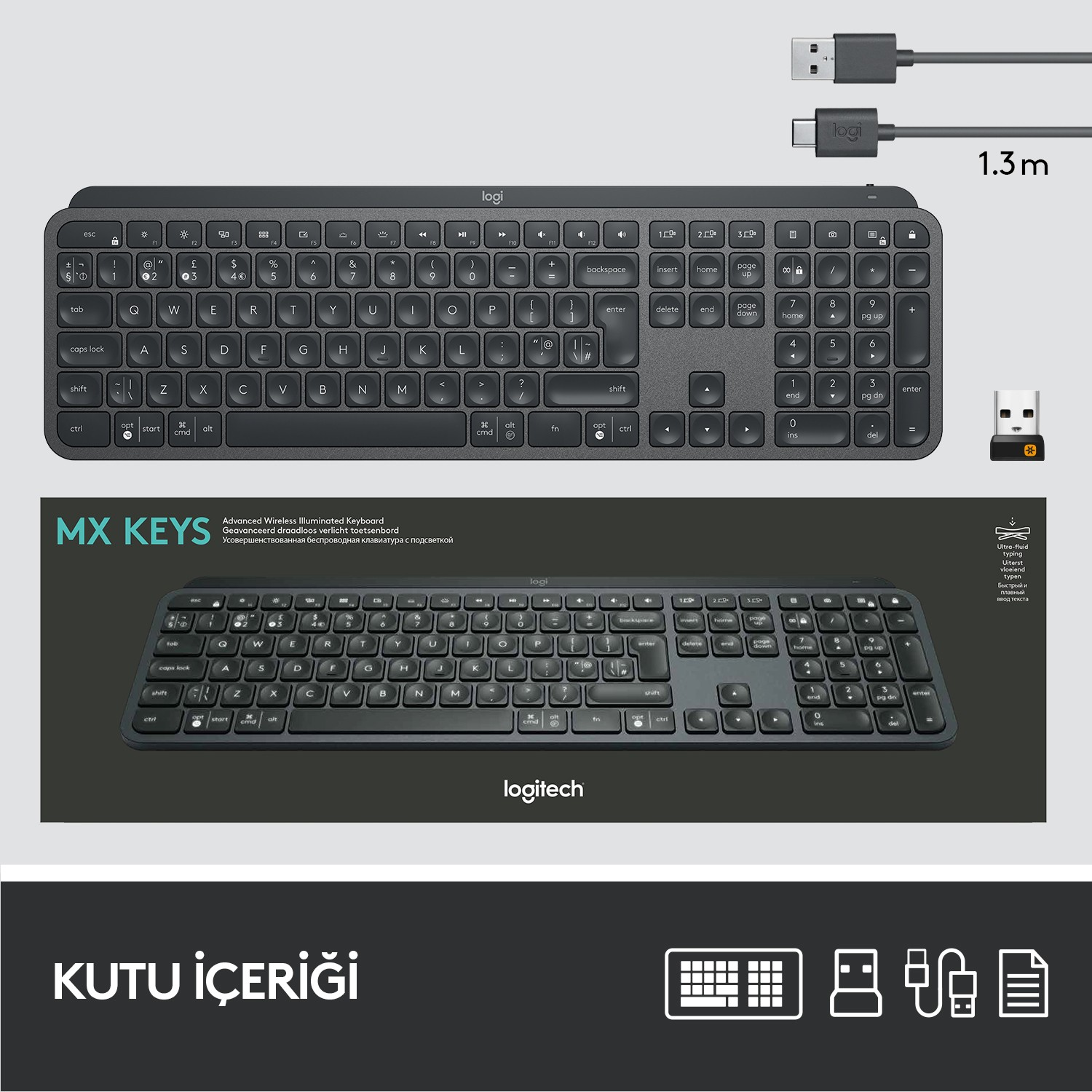USB kablosu ve USB alıcısı olan klavye. Metin 'KUTU İÇERİĞİ' diyor.