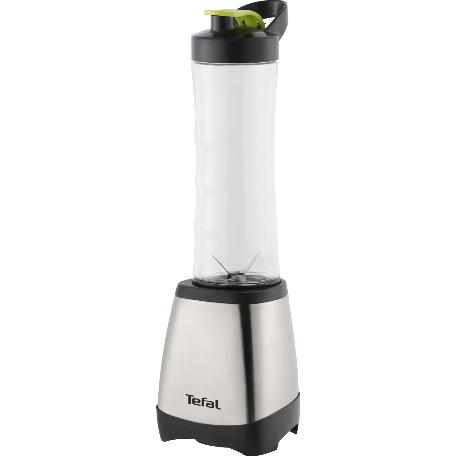 Gümüş ve siyah Tefal blender. Blender beyaz bir arka plan üzerinde. Üst kısımda yeşil bir kapak var.