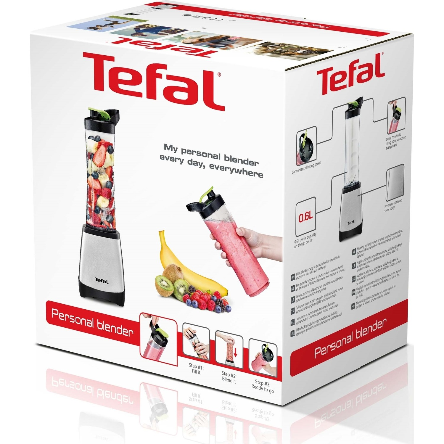 Bir Tefal kişisel blender kutusu. Görüntüler, blender'ı ve özelliklerini gösterir. Bir blender ve bir şişe.