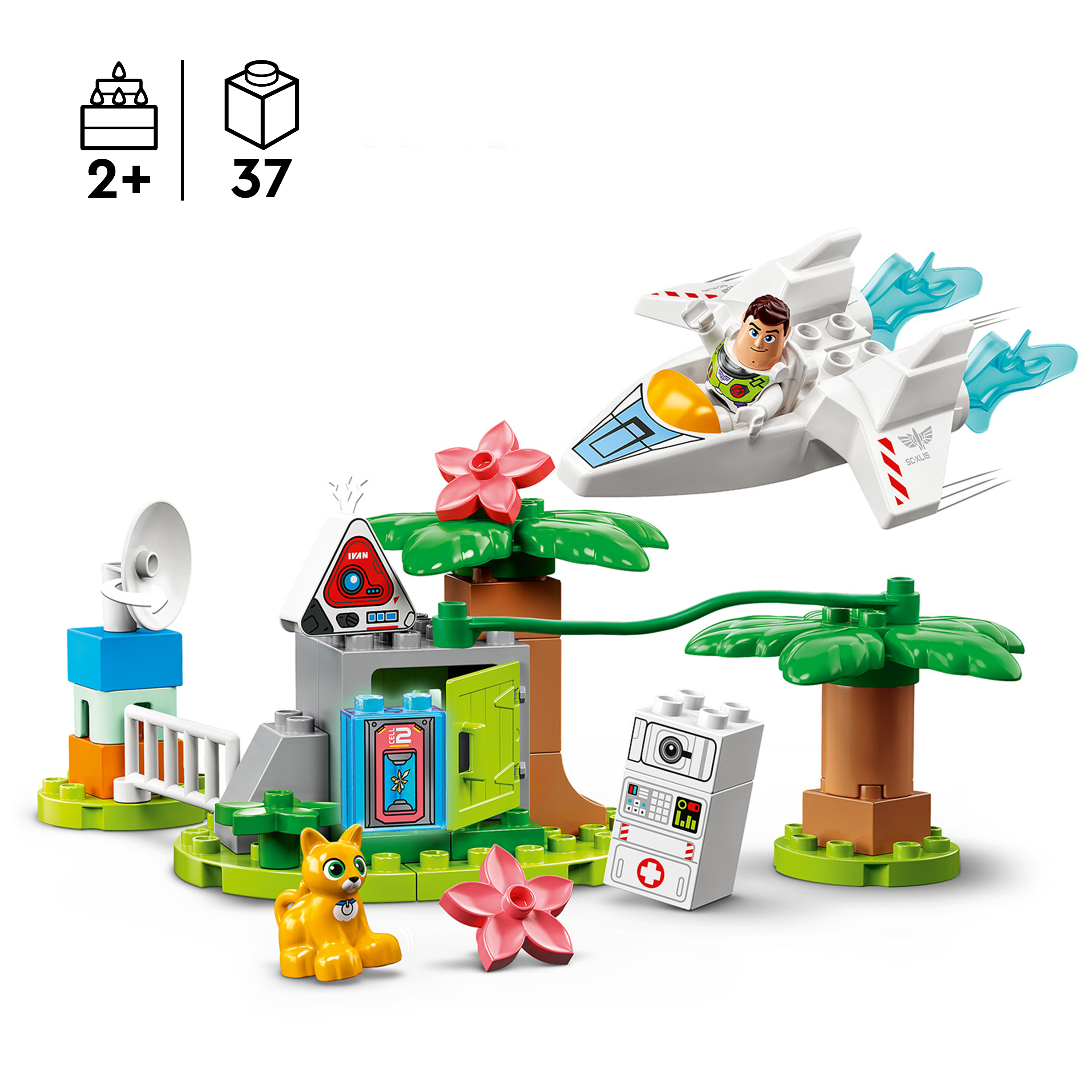 Ein Lego-Set mit Spielzeugflugzeug, Katze, Gebäude und Palmen. Das Set ist für 2+ Jahre und enthält 37 Teile.