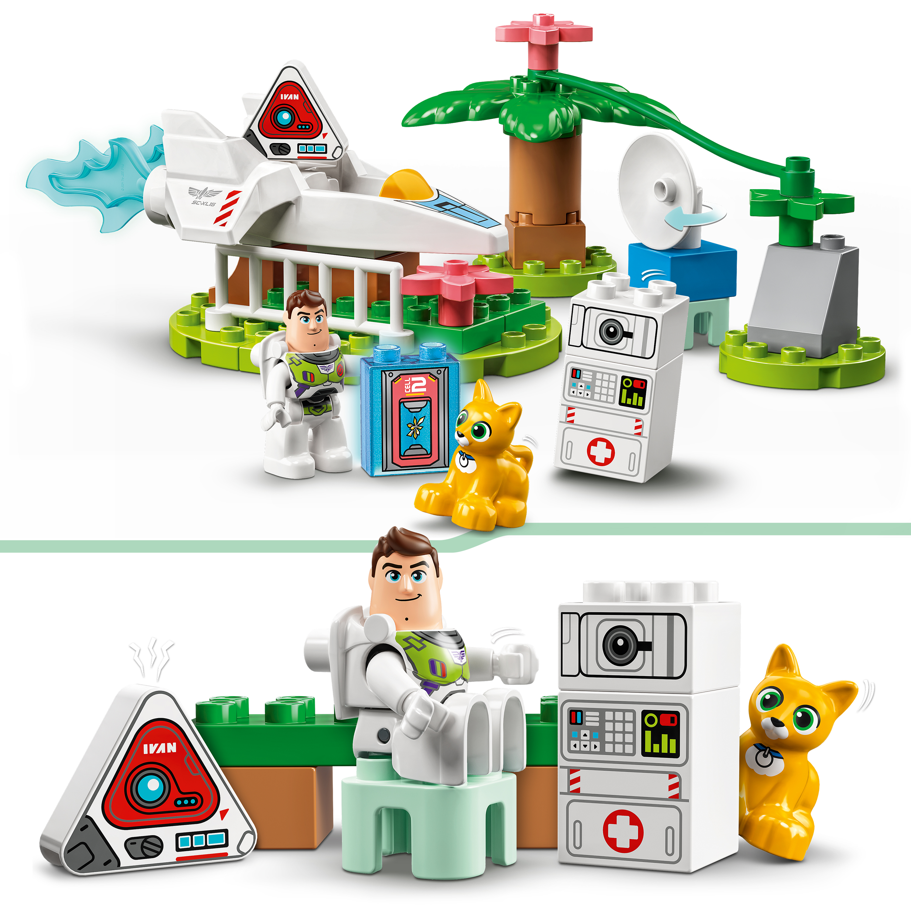 Lego-Set mit Buzz Lightyear und einer Katzenfigur. Eine Rakete, ein Gebäude und Radar sind sichtbar.