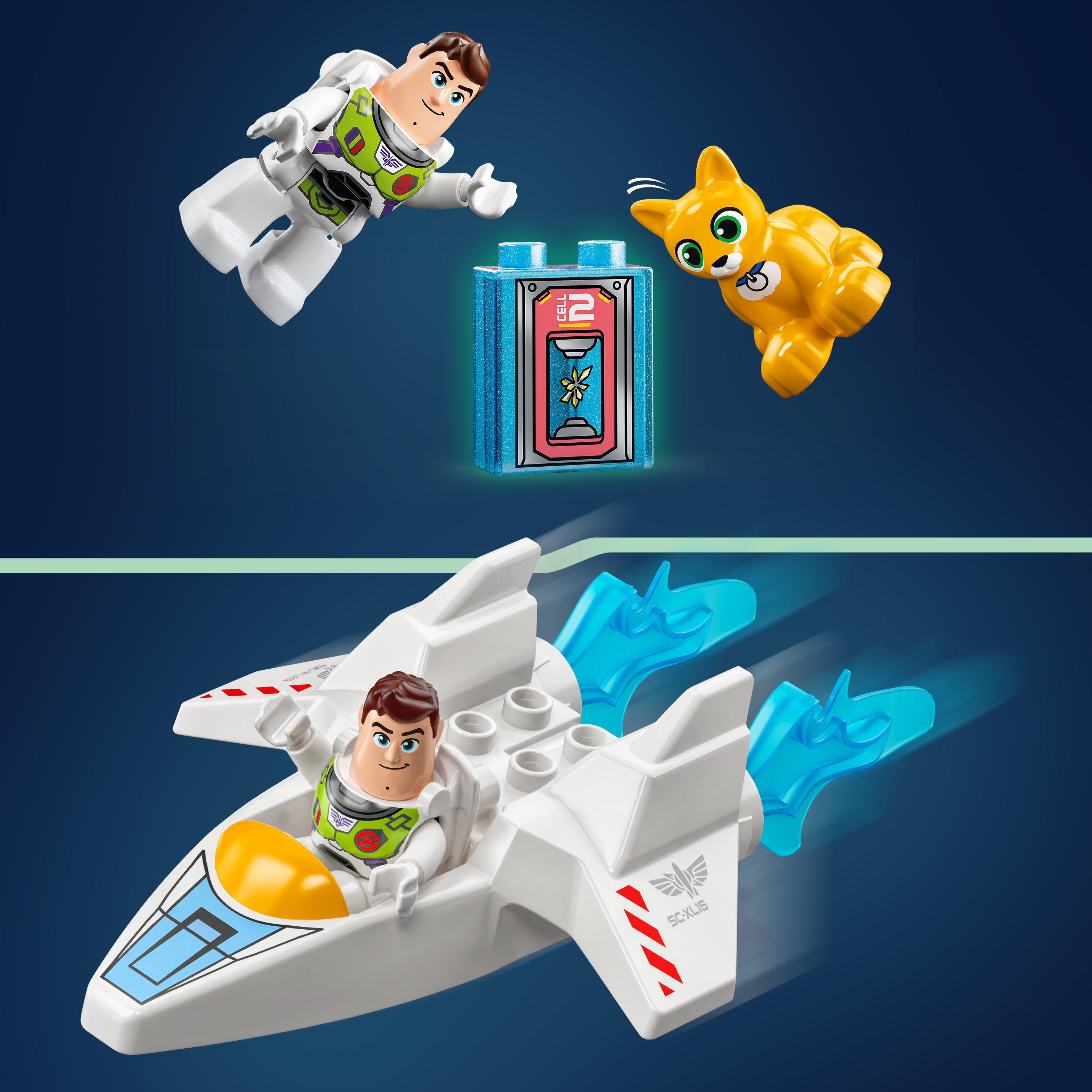 LEGO-Figuren von Buzz Lightyear, einer Katze und einem Raumschiff. Enthält eine blaue Zelle mit der Nummer 2.