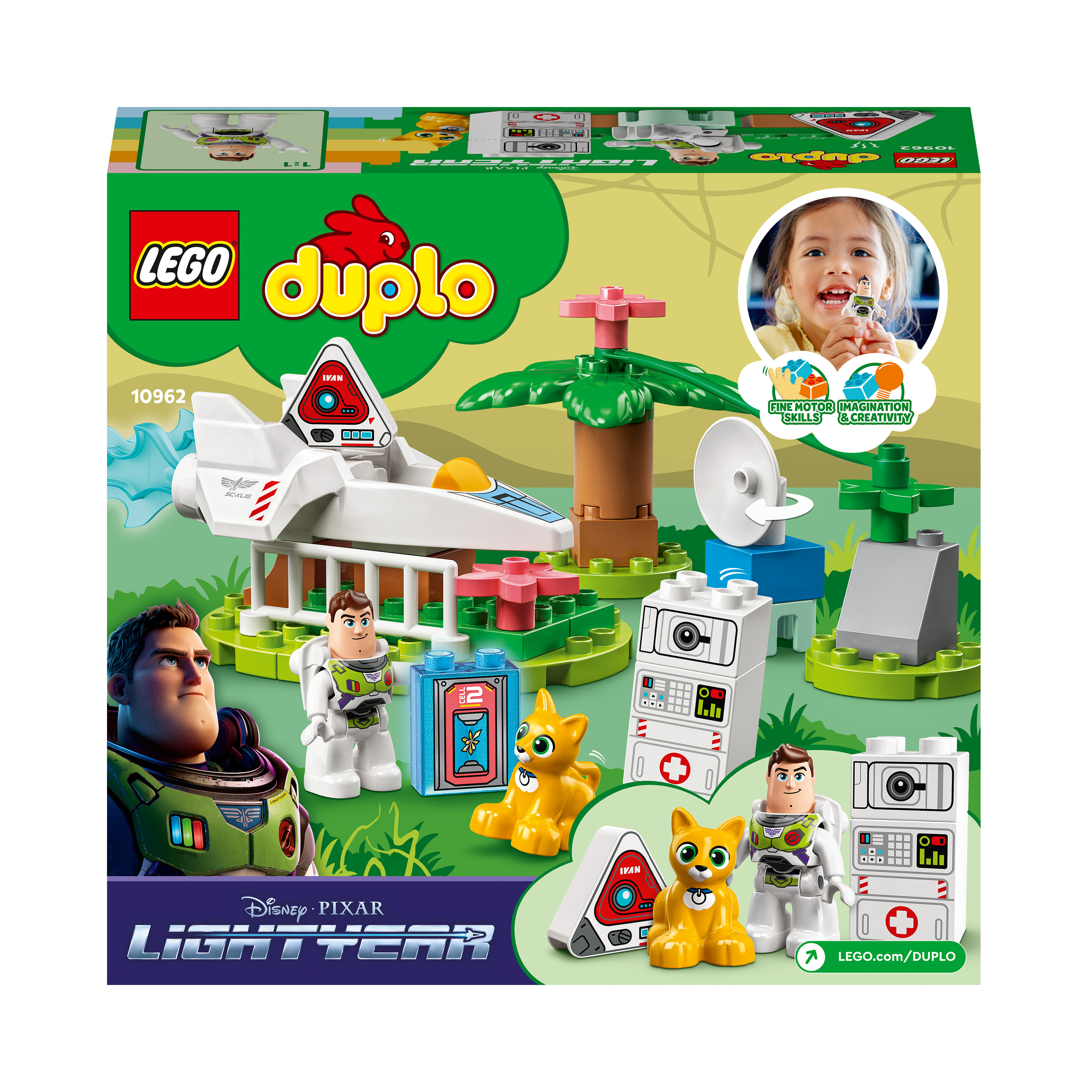 Lego Duplo Set mit Raumschiff, Figuren und einem Hund.