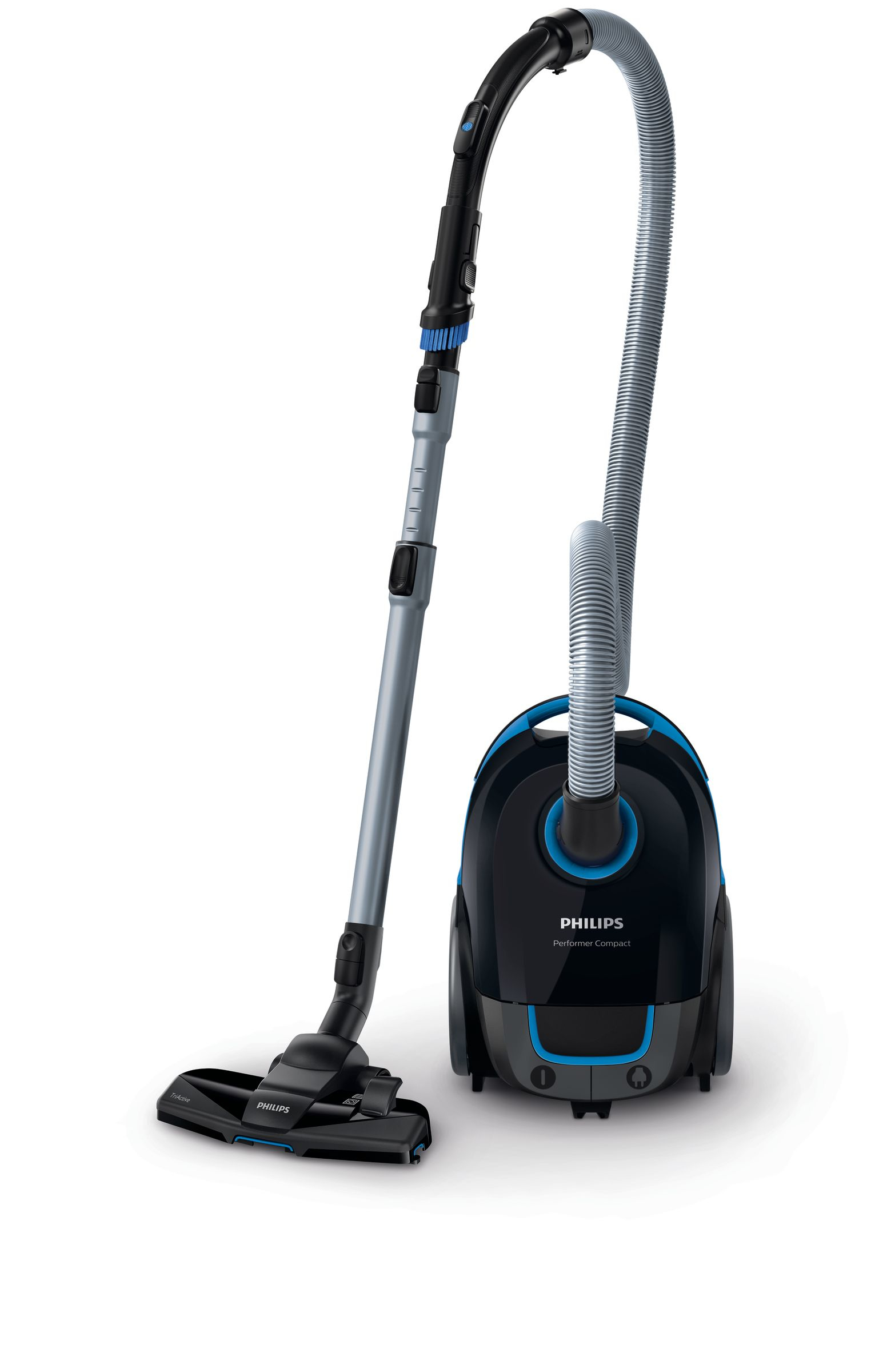 Ein schwarzer und blauer Philips Staubsauger. Er hat einen Schlauch und einen langen Griff. Der Hintergrund ist weiß.