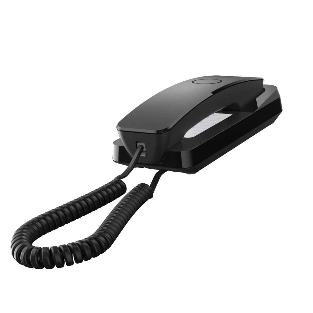 Schwarzes Festnetztelefon mit Spiralkabel, isoliert auf weißem Hintergrund.