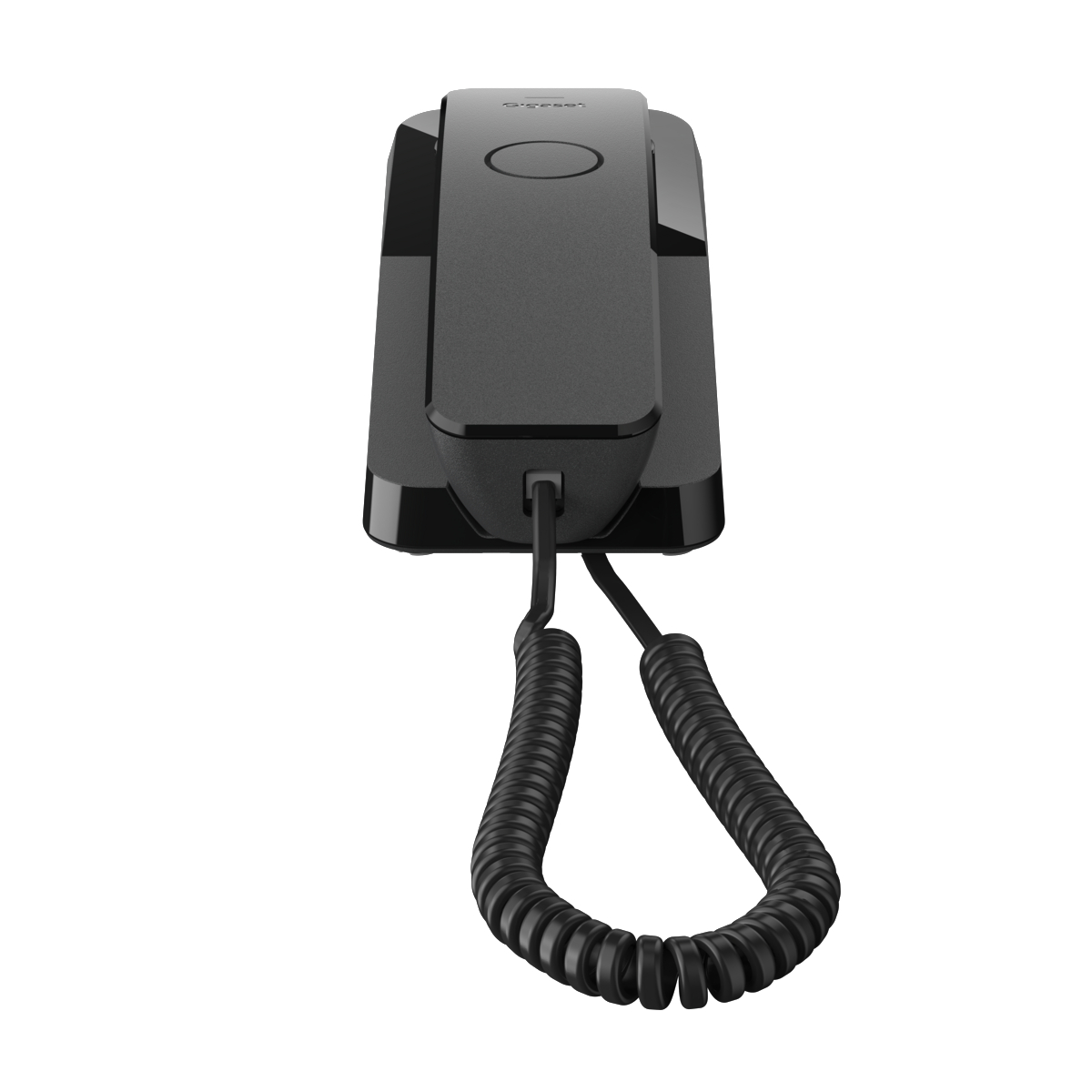 Ein schwarzes Telefon, das an einer weißen Wand montiert ist.