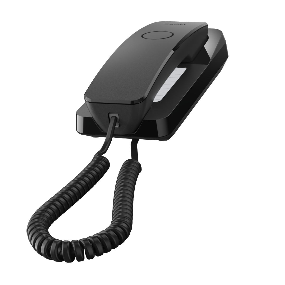 Schwarzes Telefon mit Kabel. Das Telefon befindet sich auf weißem Hintergrund mit modernem Design.