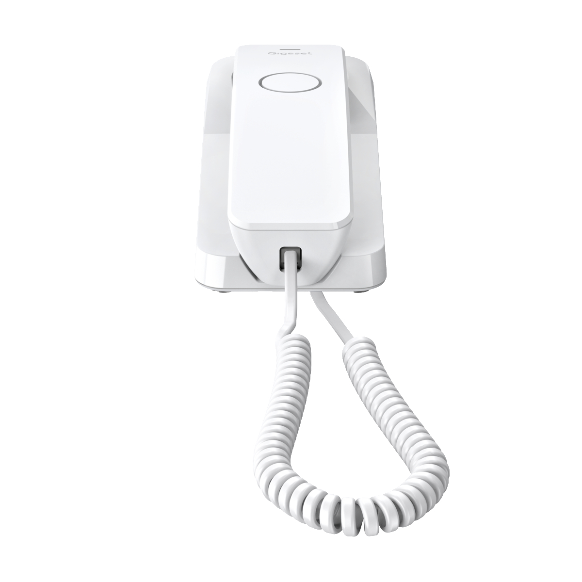 Ein weißes Telefon hängt an der Wand. Es hat ein lockiges Kabel. Es ist ein Gigaset-Produkt.