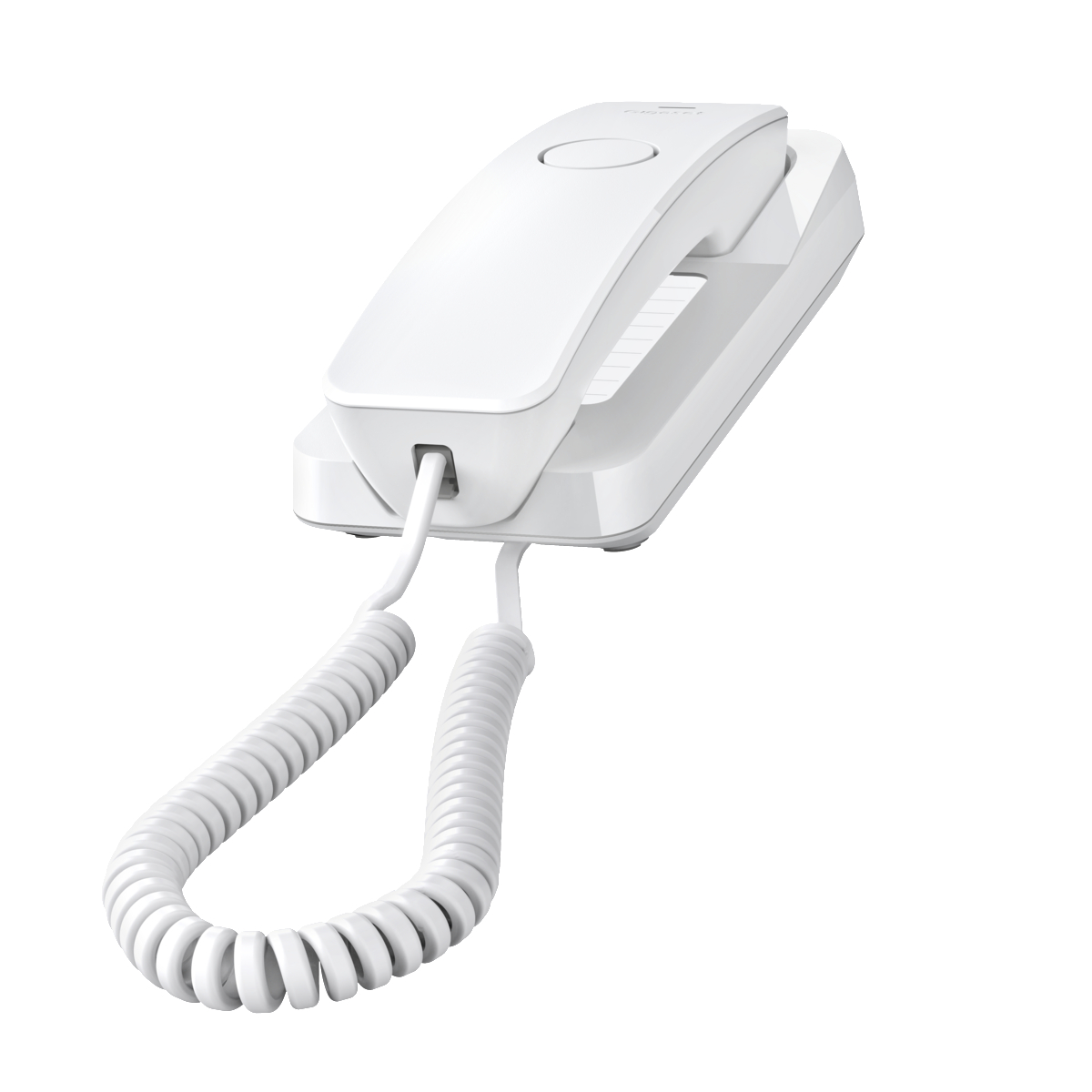 Ein weißes Telefon mit weißer Basis und einem gewendelten weißen Kabel wird vor weißem Hintergrund gezeigt.
