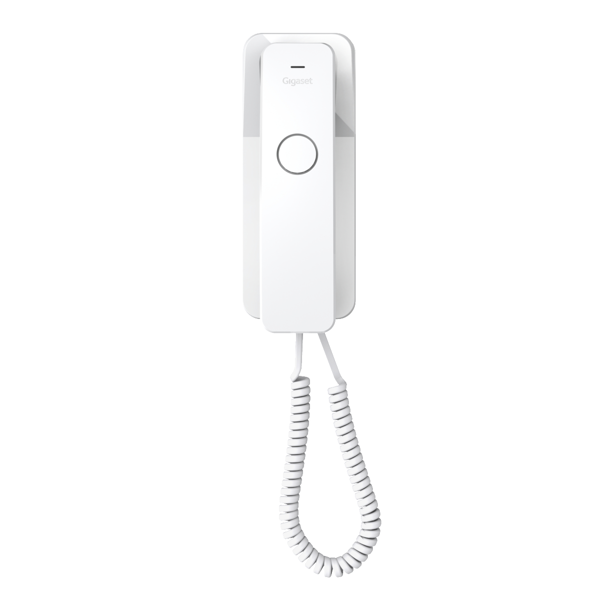 Weißes Gigaset-Telefon, an der Wand montiert, schlichtes Design, lockiges Kabel.