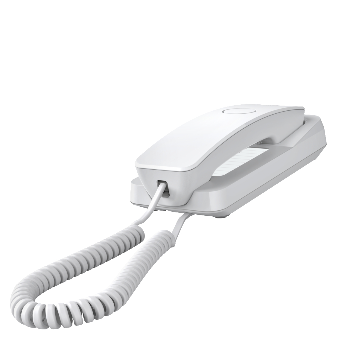 Weißes Telefon mit Spiralschnur auf weißer Oberfläche.
