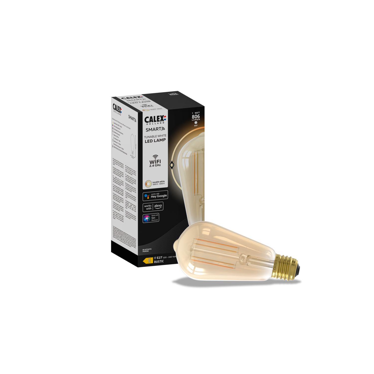 Calex Smart LED-lamp in een doos en op een oppervlak. De lamp heeft een vintage stijl en een gouden kleur.