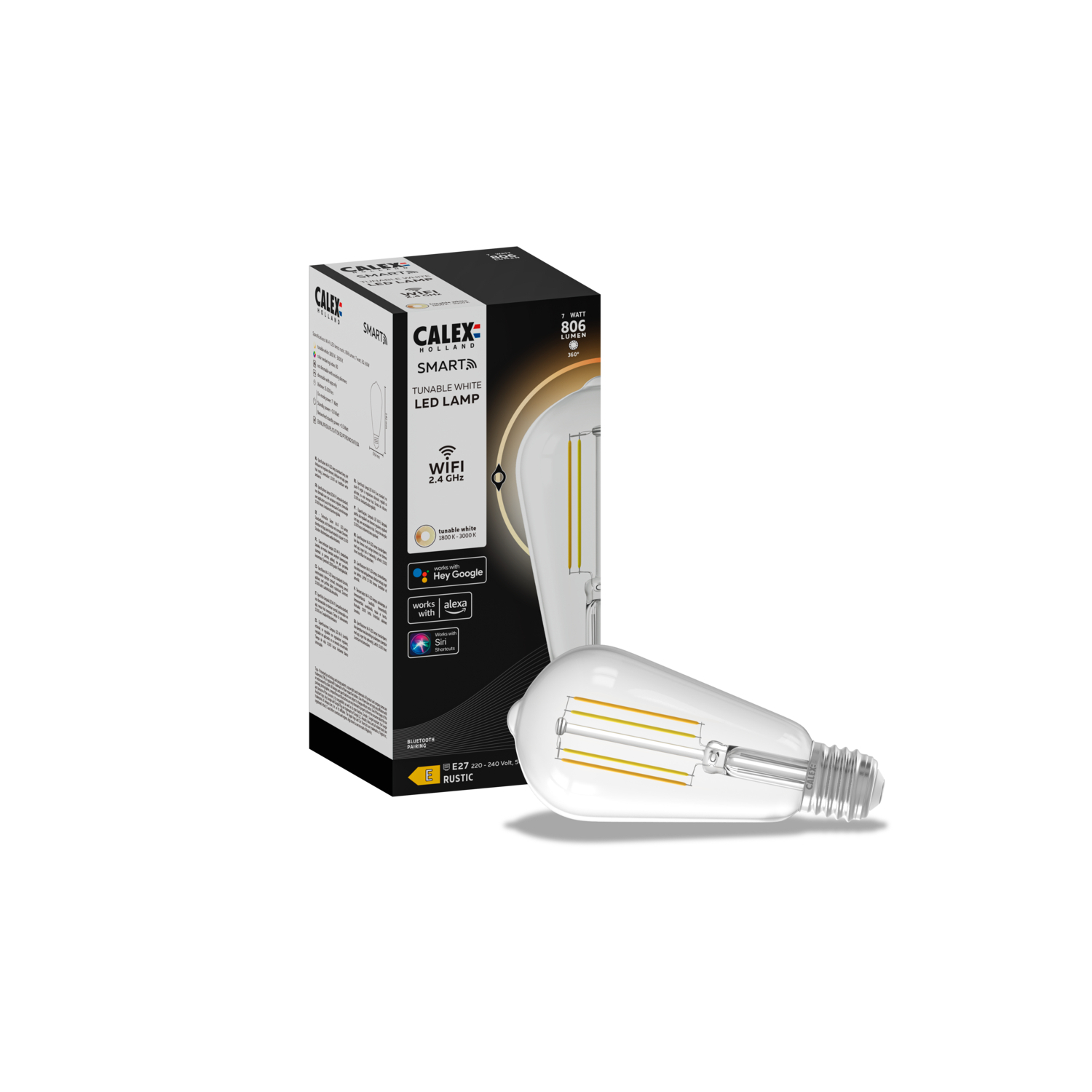 Een Calex Smart LED-lamp en de doos. De lamp is in Edison-stijl.