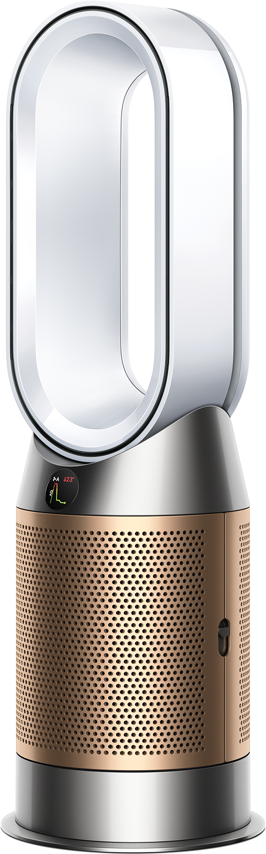 Ventilateur blanc et argenté avec une base en cuivre. Le ventilateur a une sortie d'air ovale.