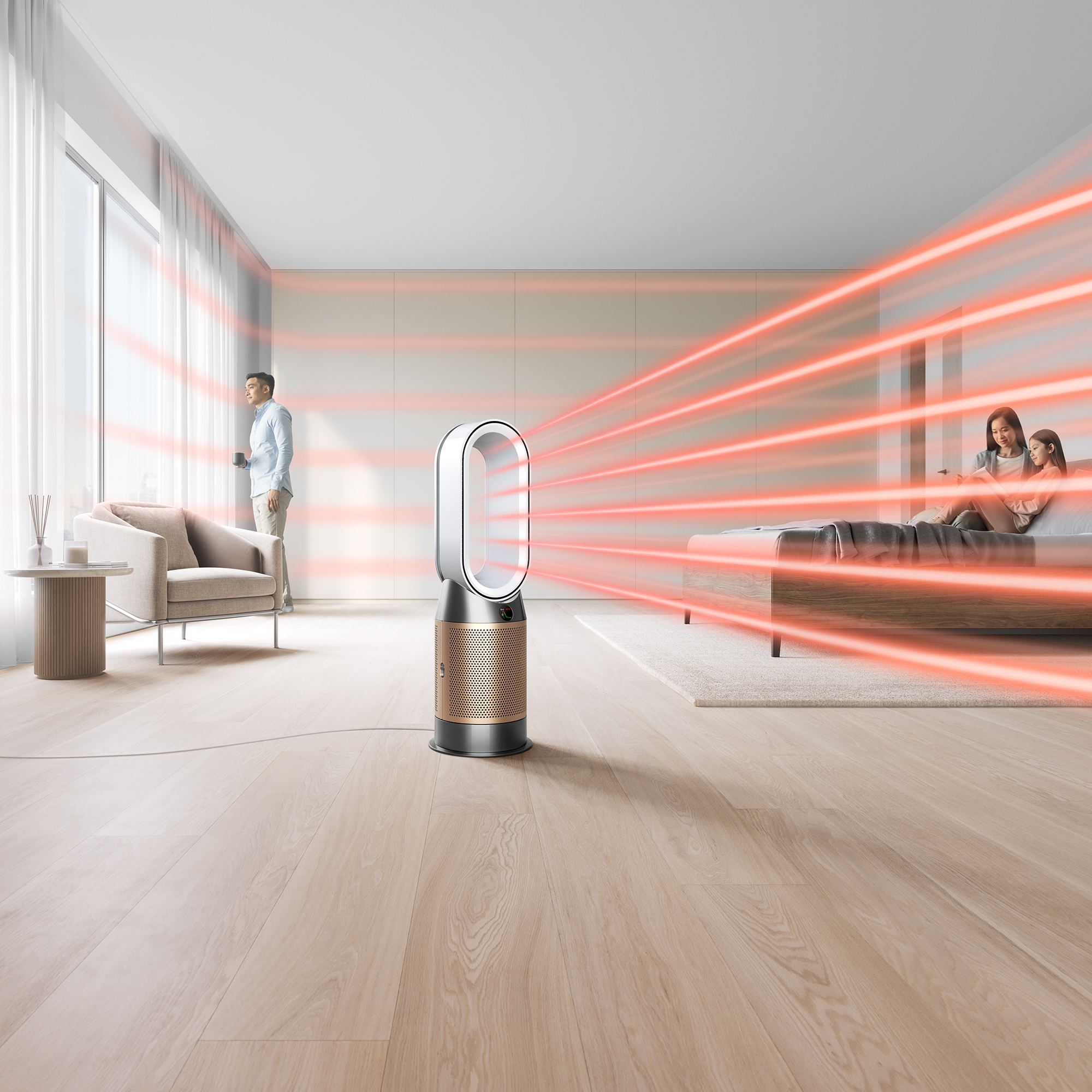 Un homme et deux femmes dans une pièce avec un ventilateur. Des lignes rouges montrent la direction de l'air du ventilateur.