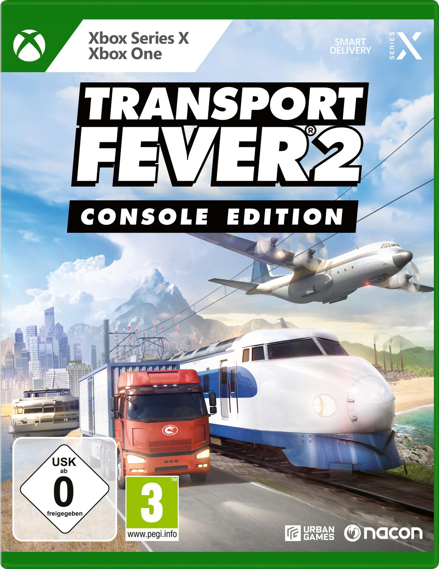 Xbox Series X Spielbox für Transport Fever 2 Console Edition. Zug und LKW auf dem Cover.