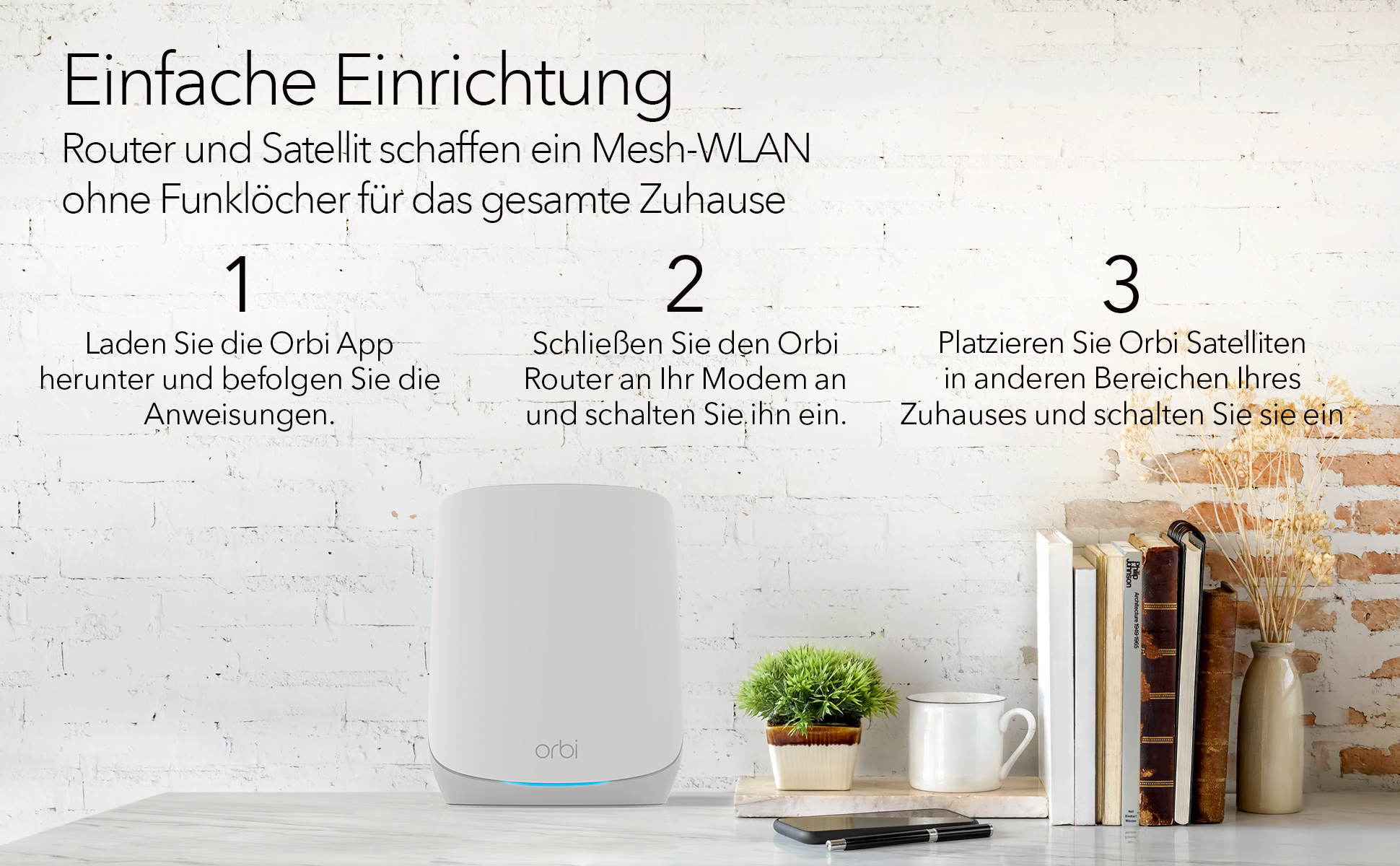 Szene, die Schritte zur Einrichtung eines WLAN-Routers und -Satelliten zeigt. Hintergrund: Backsteinmauer. Vordergrund: Router.