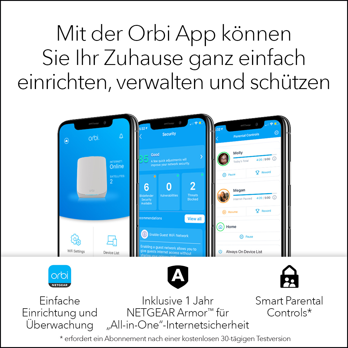 Drei Smartphones zeigen Orbi-App-Funktionen. Text und Logos sind sichtbar.