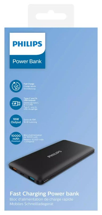 Siyah bir Philips Power Bank, ürün detayları ile gösteriliyor.