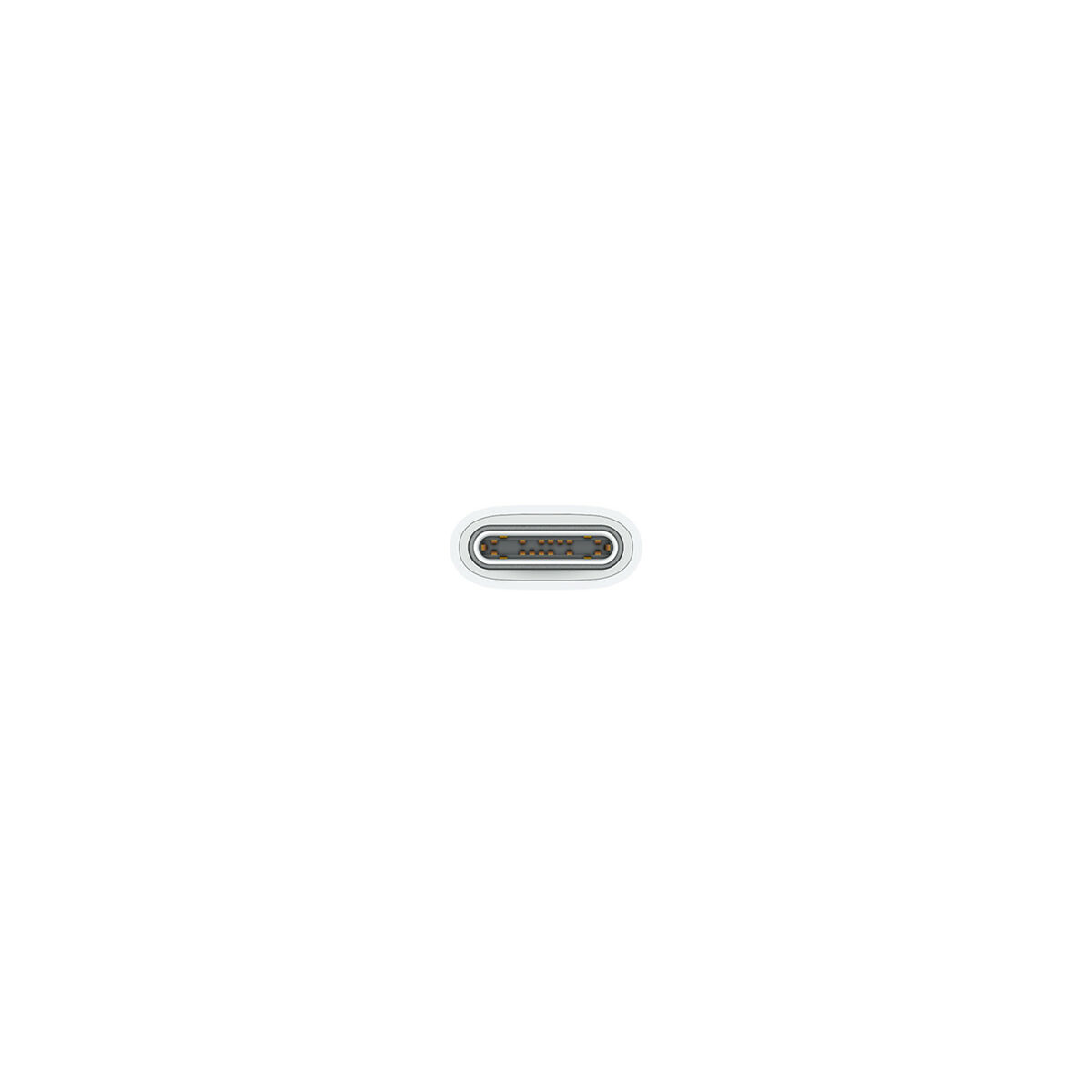 Beyaz bir arka plan üzerinde beyaz bir USB-C konektörü, yukarıdan çekilmiş.
