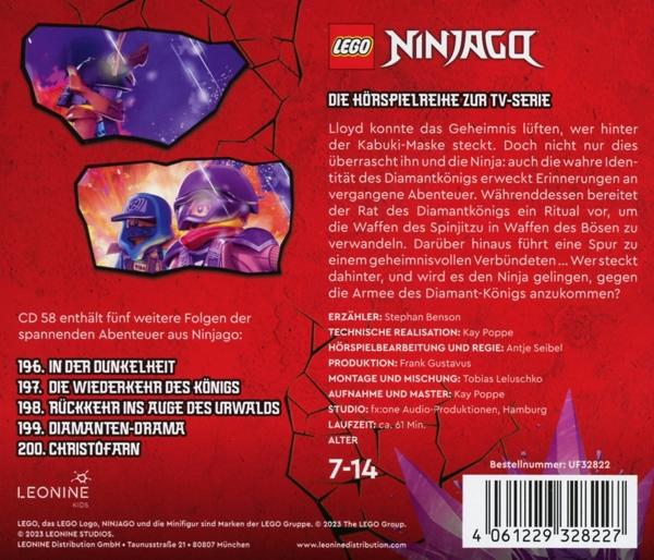 Eine CD-Hülle der Ninjago-Serie mit Text und Bildern der Charaktere.
