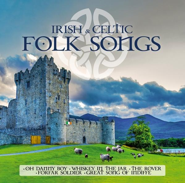Albumcover: Ein Schloss, Schafe und der Text 'Irish & Celtic Folk Songs' auf blauem Himmel.