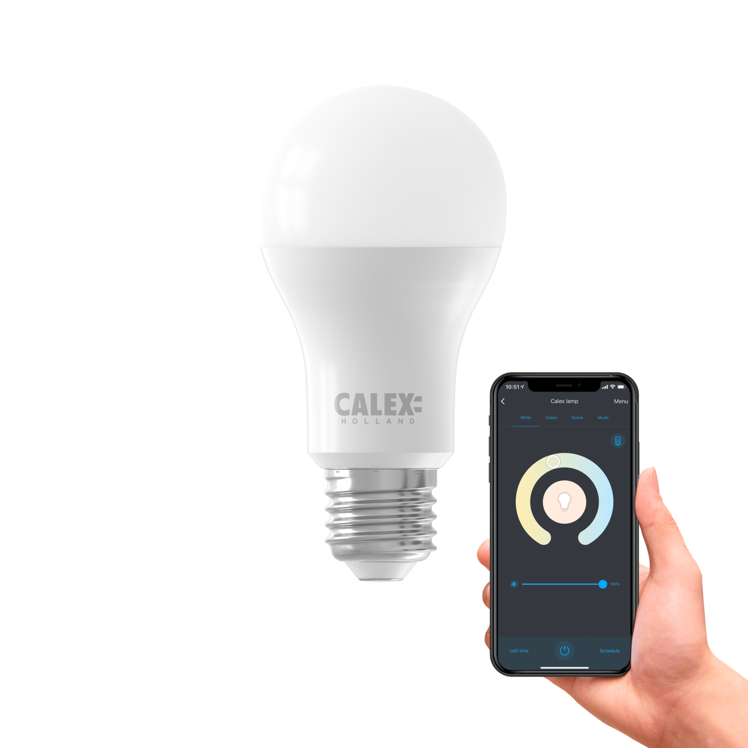 White light bulb and a phone displaying light color control options.