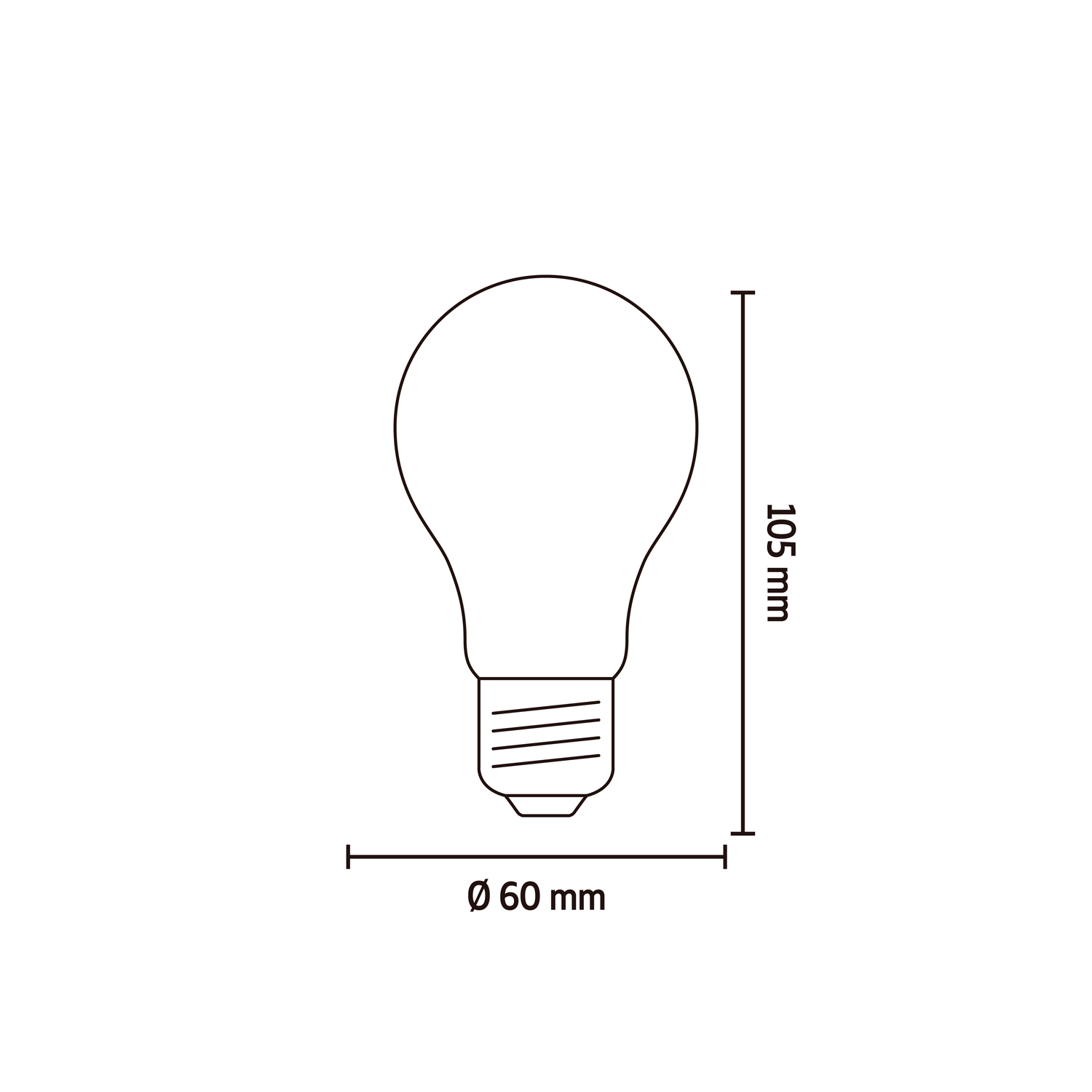 Line drawing of a light bulb, with dimensions. White background.