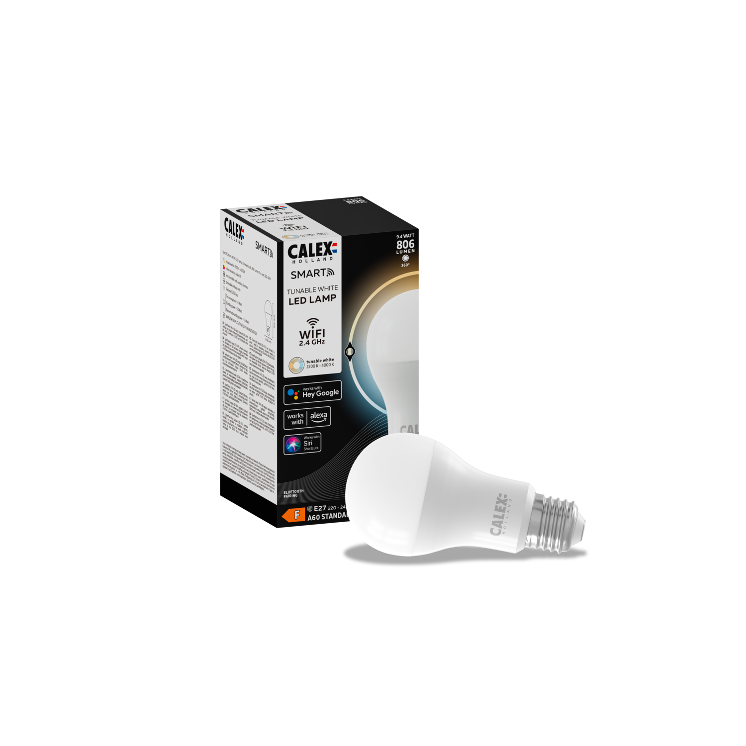 A white LED light bulb and its product box, on a white background.