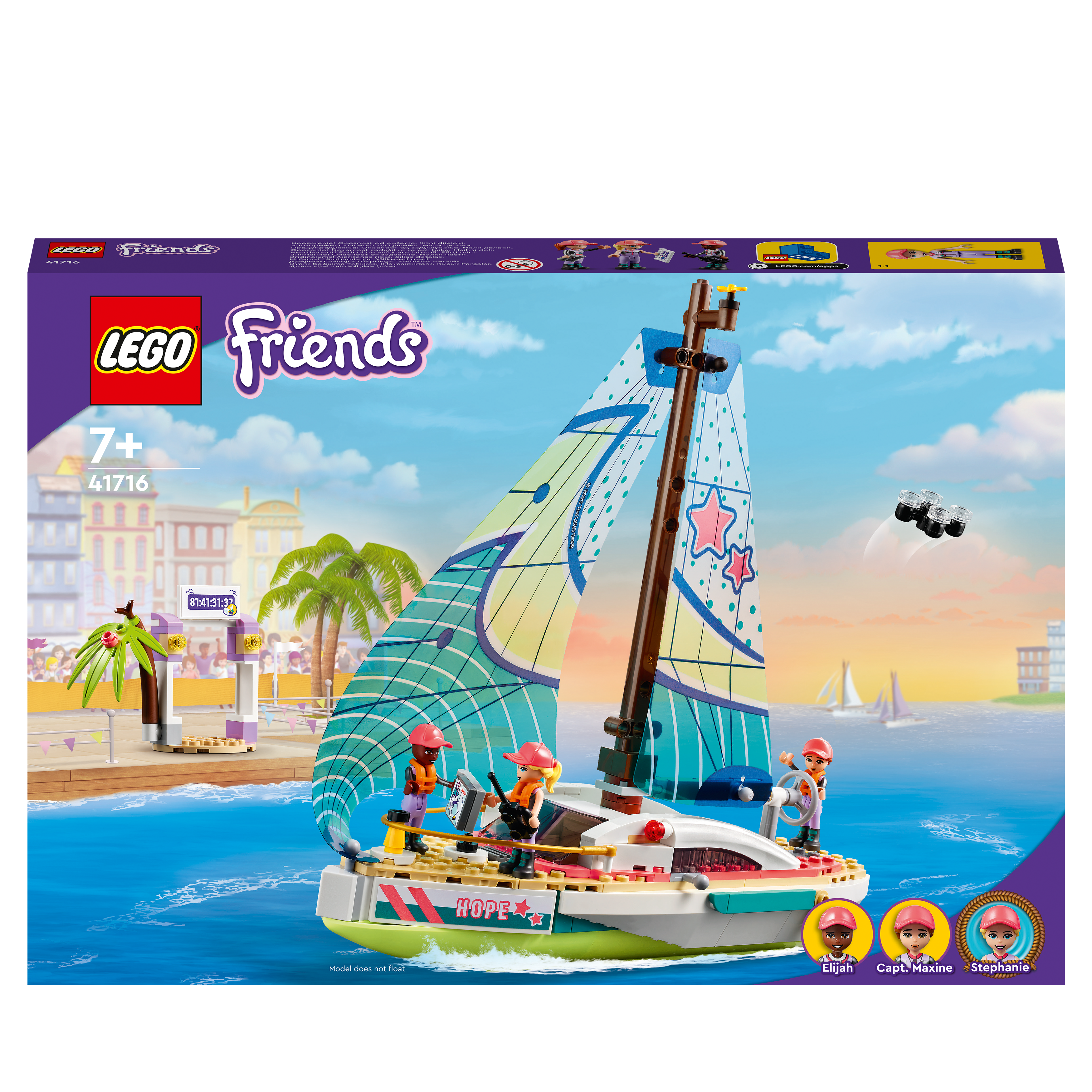 Lego Friends Segelboot-Box-Set mit Figuren und einer Strandszene.