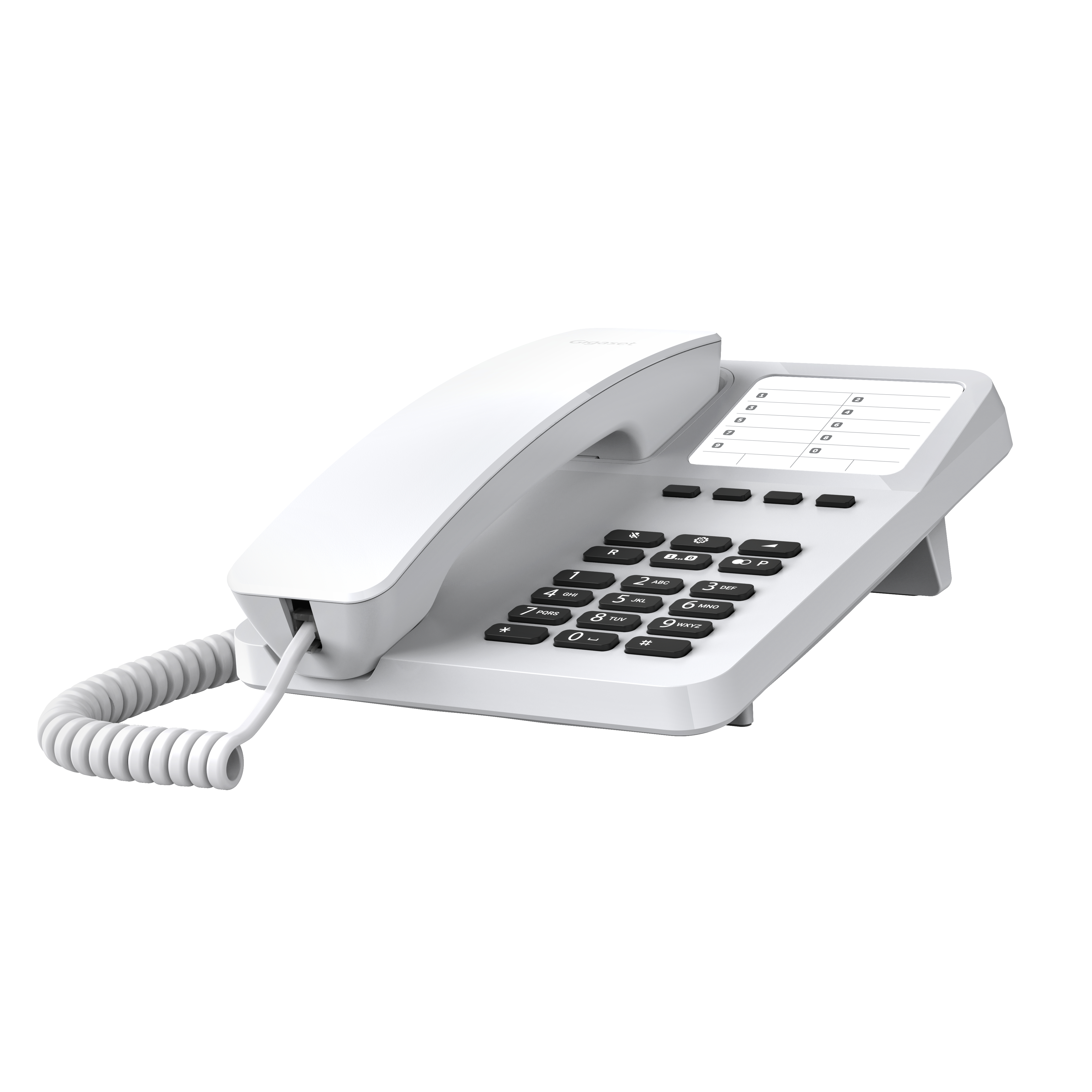 Weißes Telefon mit Tastatur, Hörer und Spiralschnur.