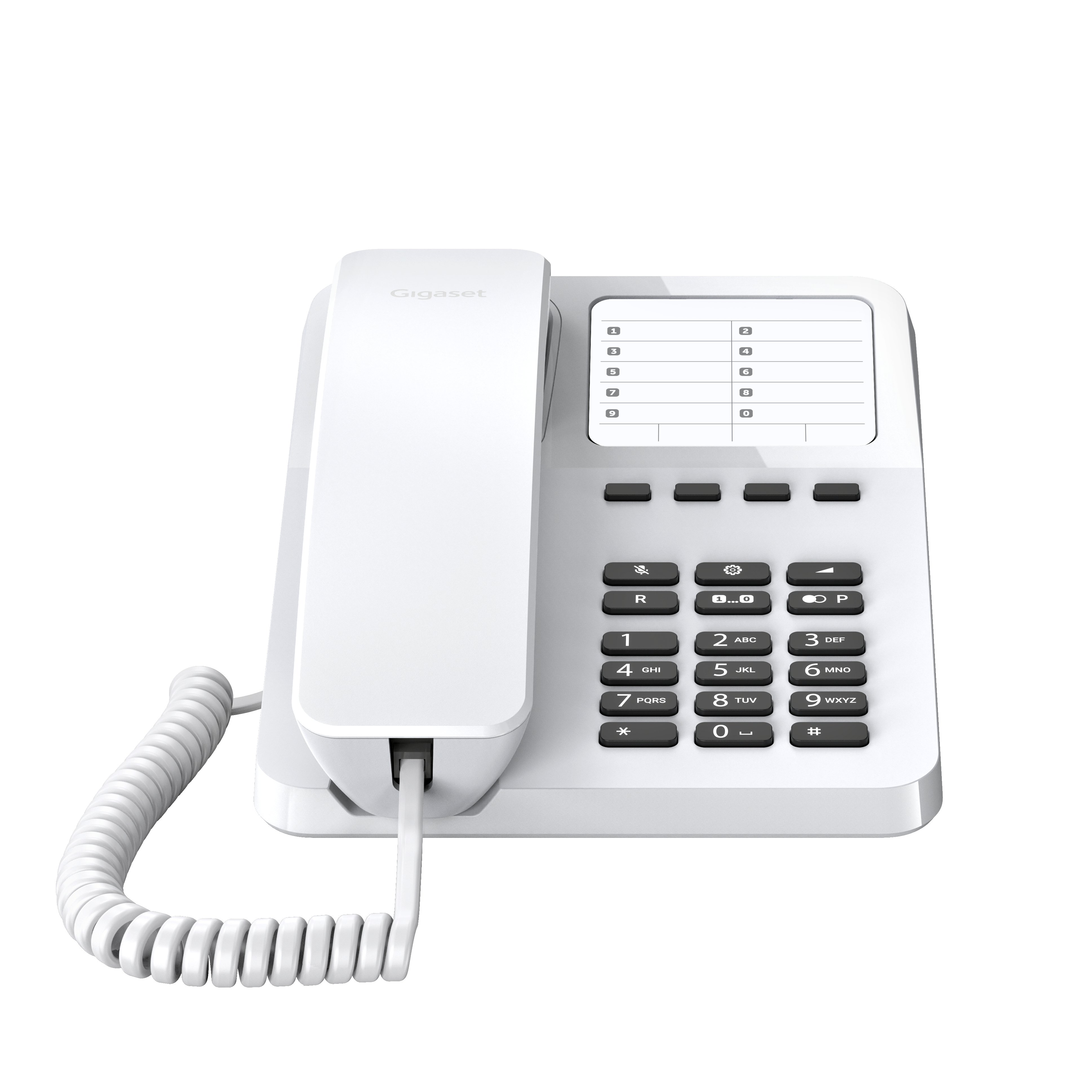 Weißes Gigaset-Telefon mit Display und Nummernknöpfen. Es hat ein Spiralkabel.
