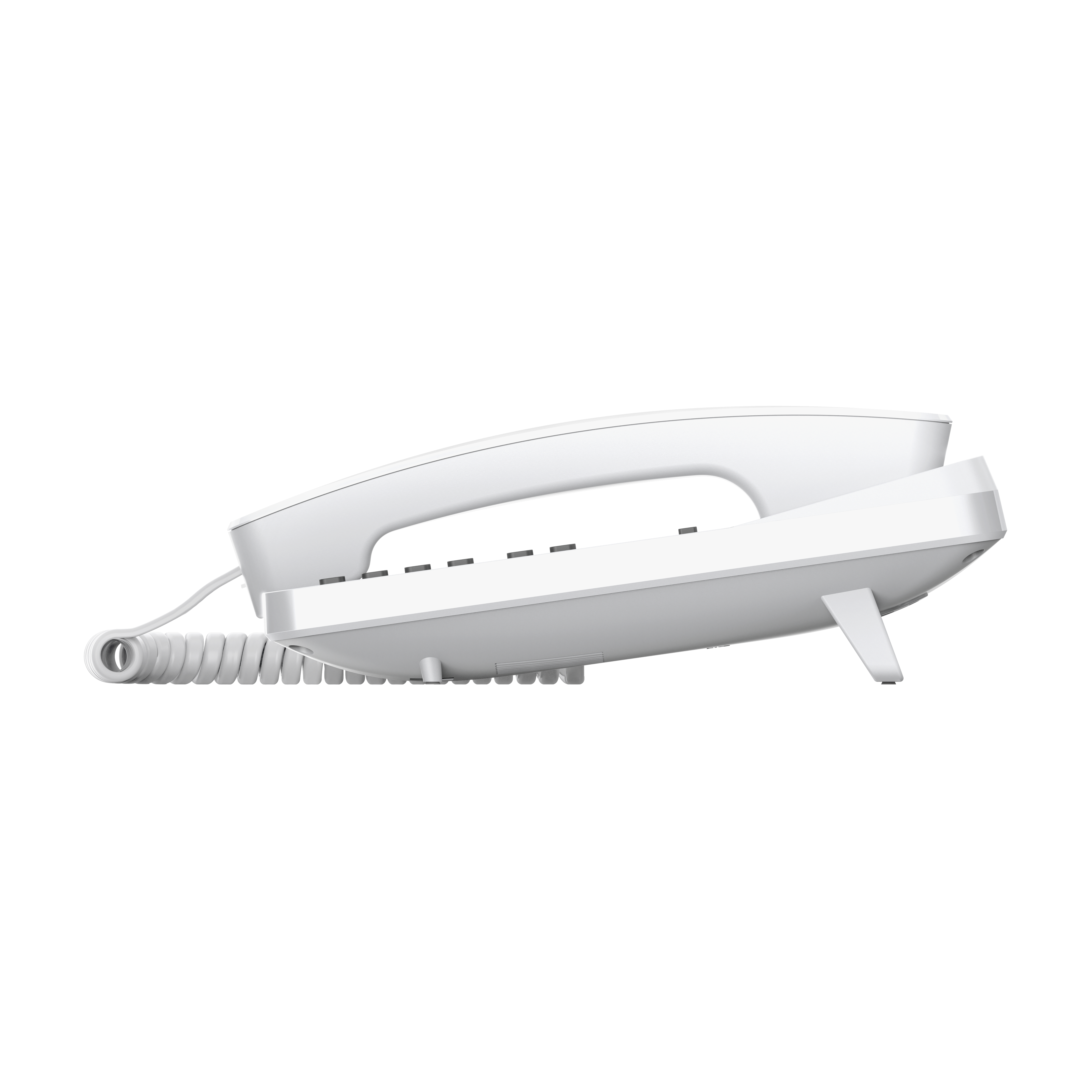 Ein weißes Telefonhörer und -basis auf weißem Hintergrund.