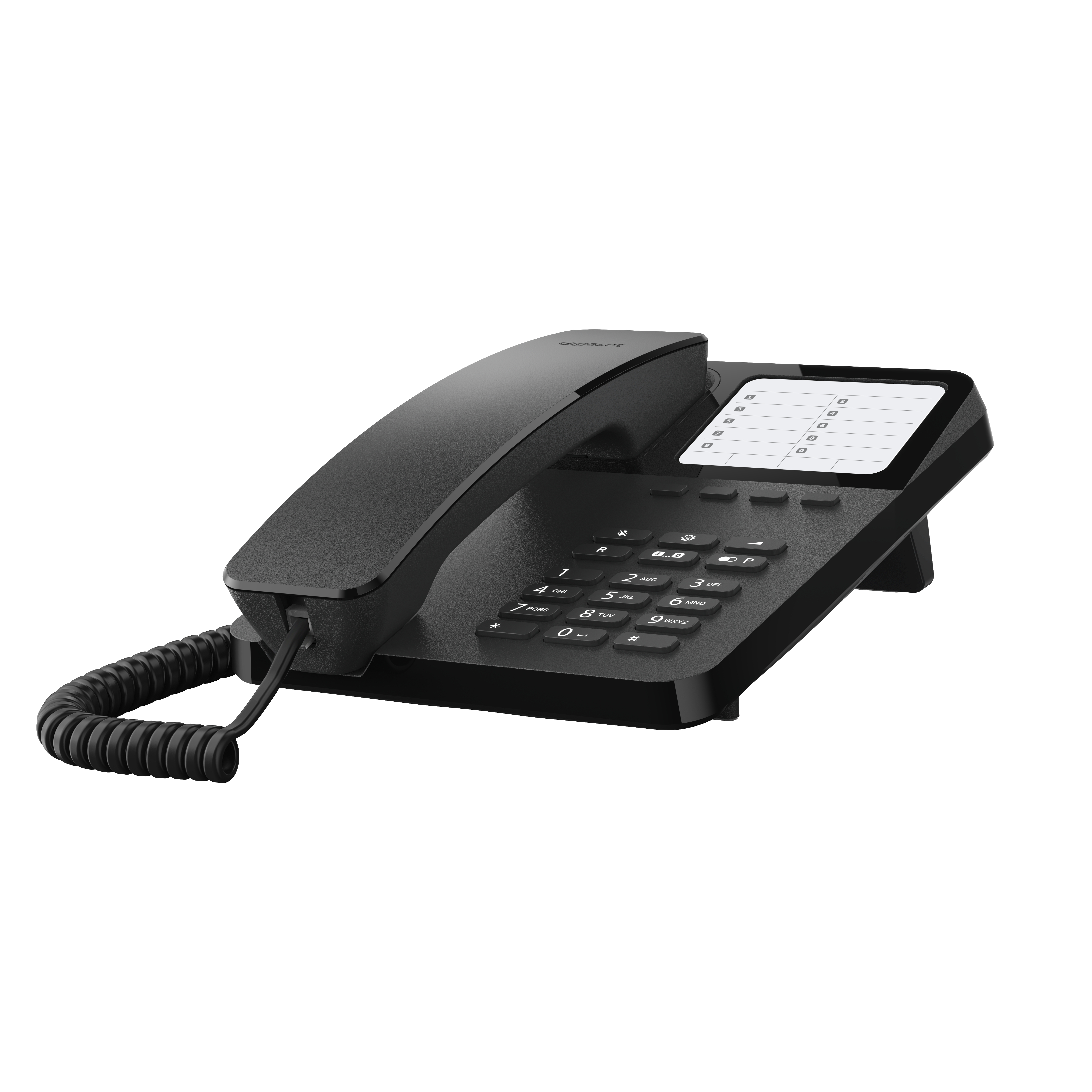 Schwarzes Bürotelefon mit Hörer, Basis und Nummernblock.