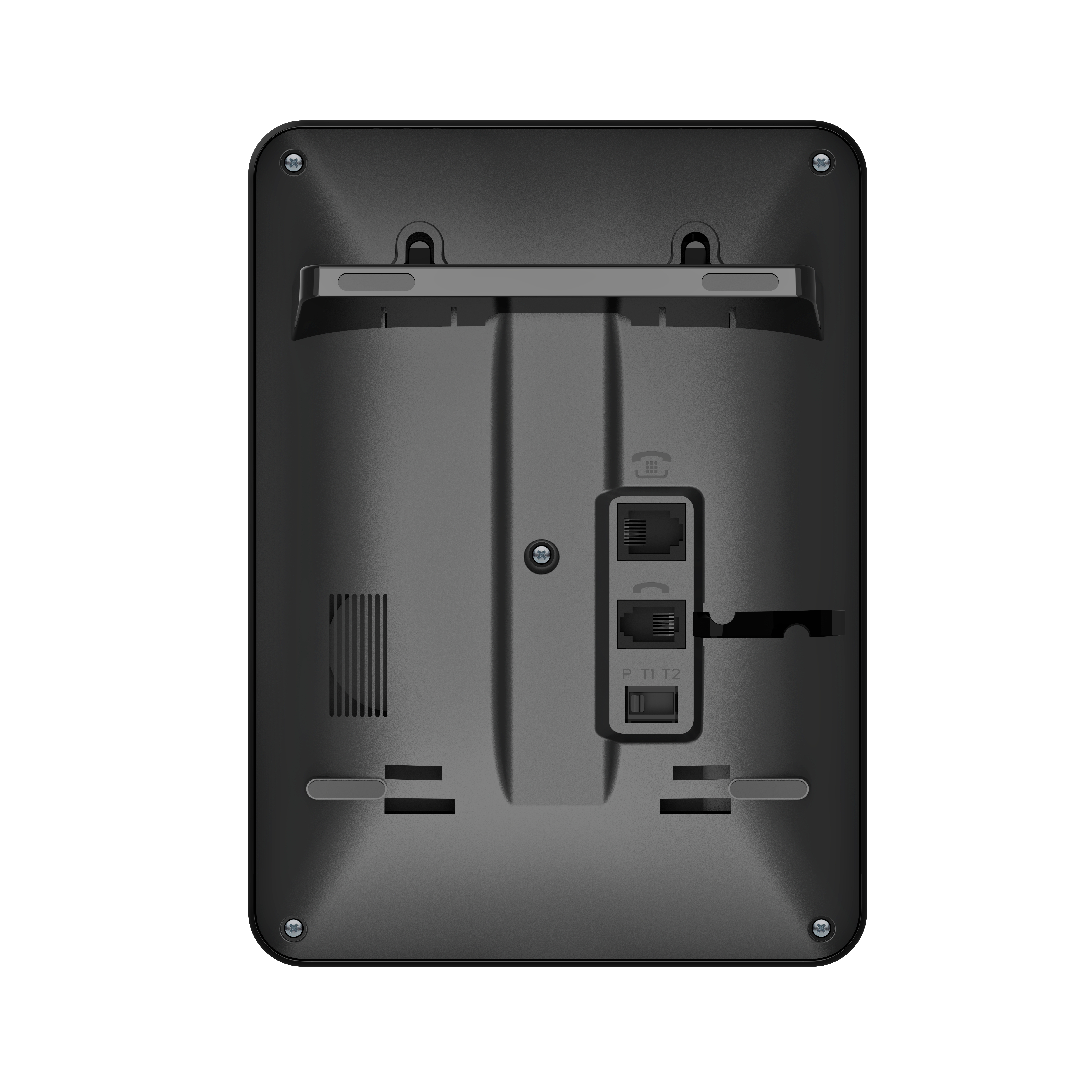 Eine schwarze Telefonanlage mit Anschlüssen und Tasten.