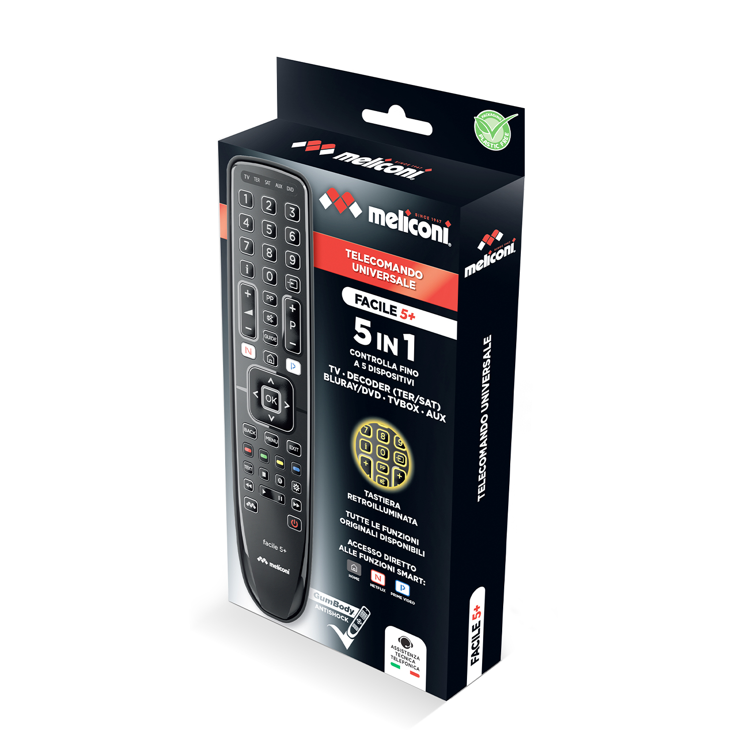 Una scatola del telecomando universale Meliconi, 5 in 1, con un telecomando nero visibile.