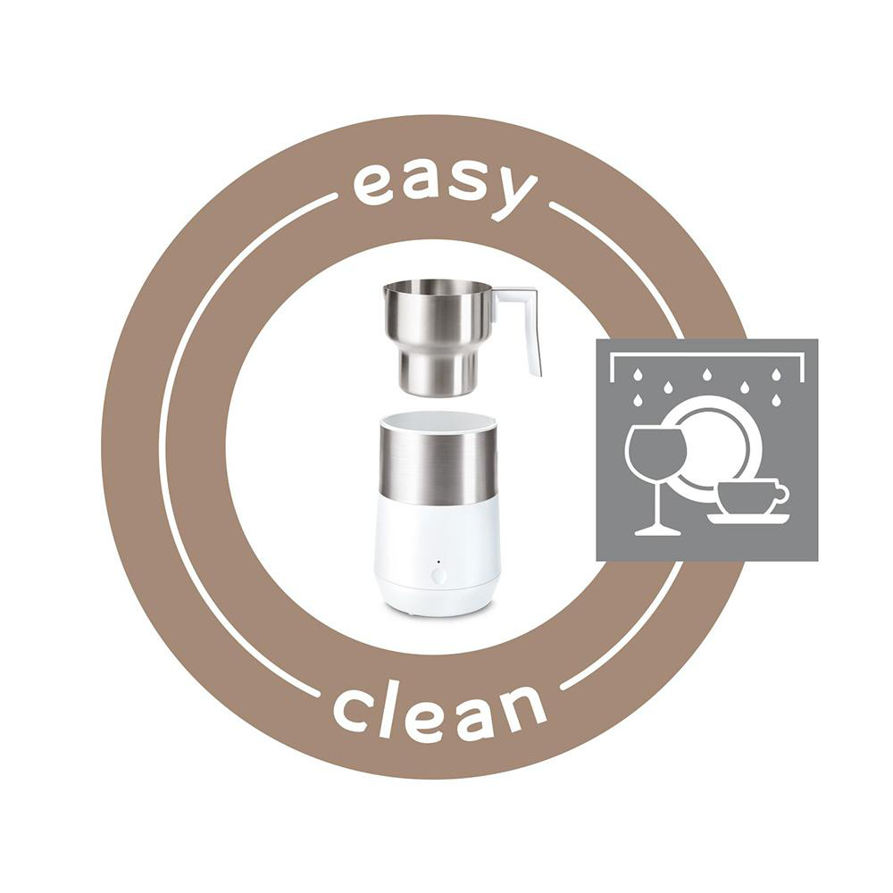 Eine leicht zu reinigende Kaffeemaschine wird in einem Kreis gezeigt. Ein Geschirrspüler-Symbol ist daneben zu sehen.