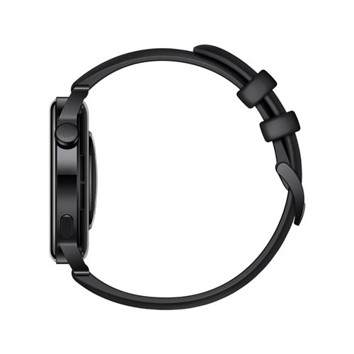 Smartwatch negra de lado, mostrando la pantalla redonda y la correa. Fondo blanco.