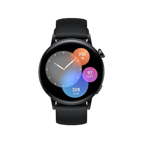 Smartwatch negra con pantalla redonda que muestra hora, actividad y datos de frecuencia cardíaca.