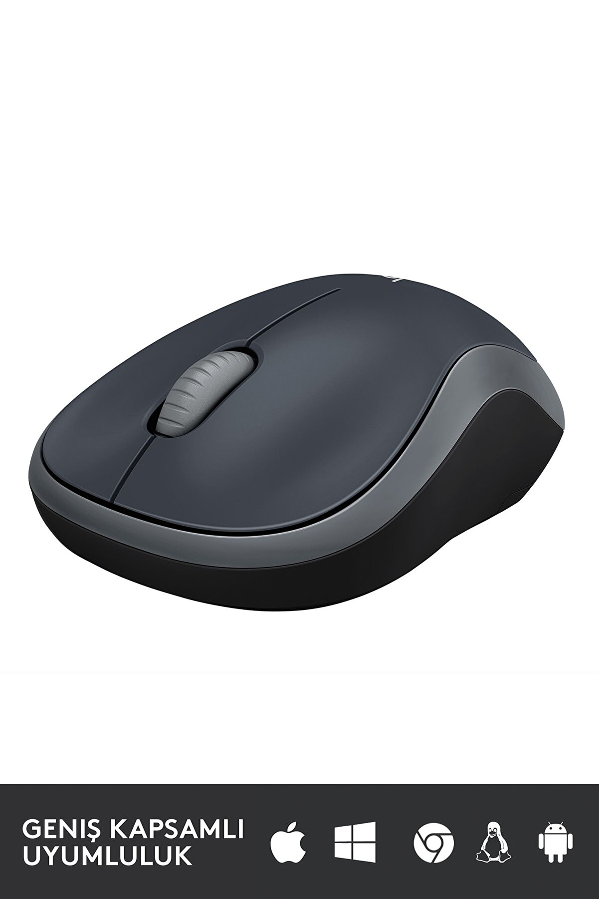 Kaydırma tekerleği ve siyah tabanı olan koyu gri kablosuz fare. Alt kısımda Logitech logosu.