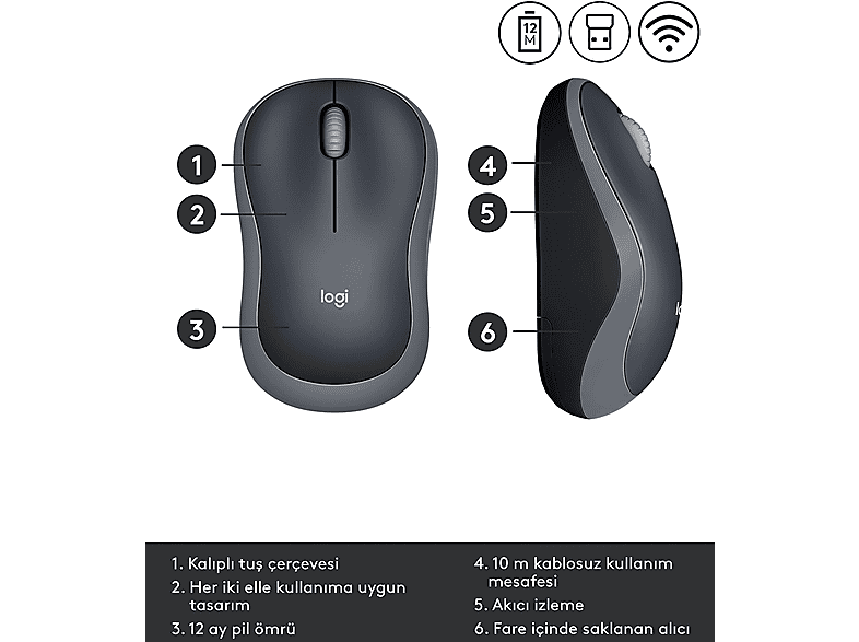 LOGITECH M185 USB Alıcılı Kompakt Kablosuz Mouse - Gri_5