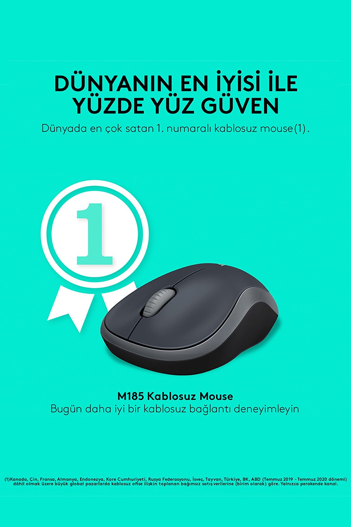Kırmızı bir arka plan üzerinde siyah ve gri kablosuz fare. Metin: M185 Kablosuz Fare. Beyaz numara bir rozet.