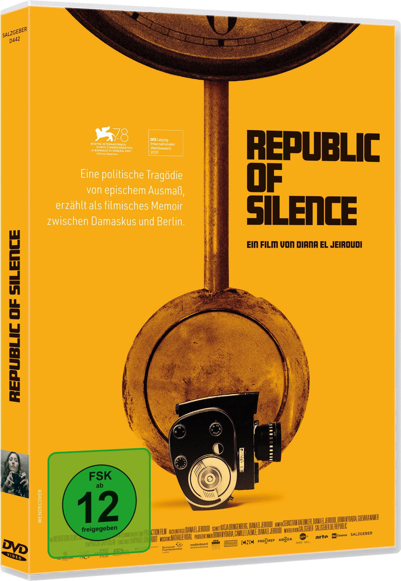 DVD-Hülle mit gelbem Cover, Filmtitel und Filmkamera-Illustration.