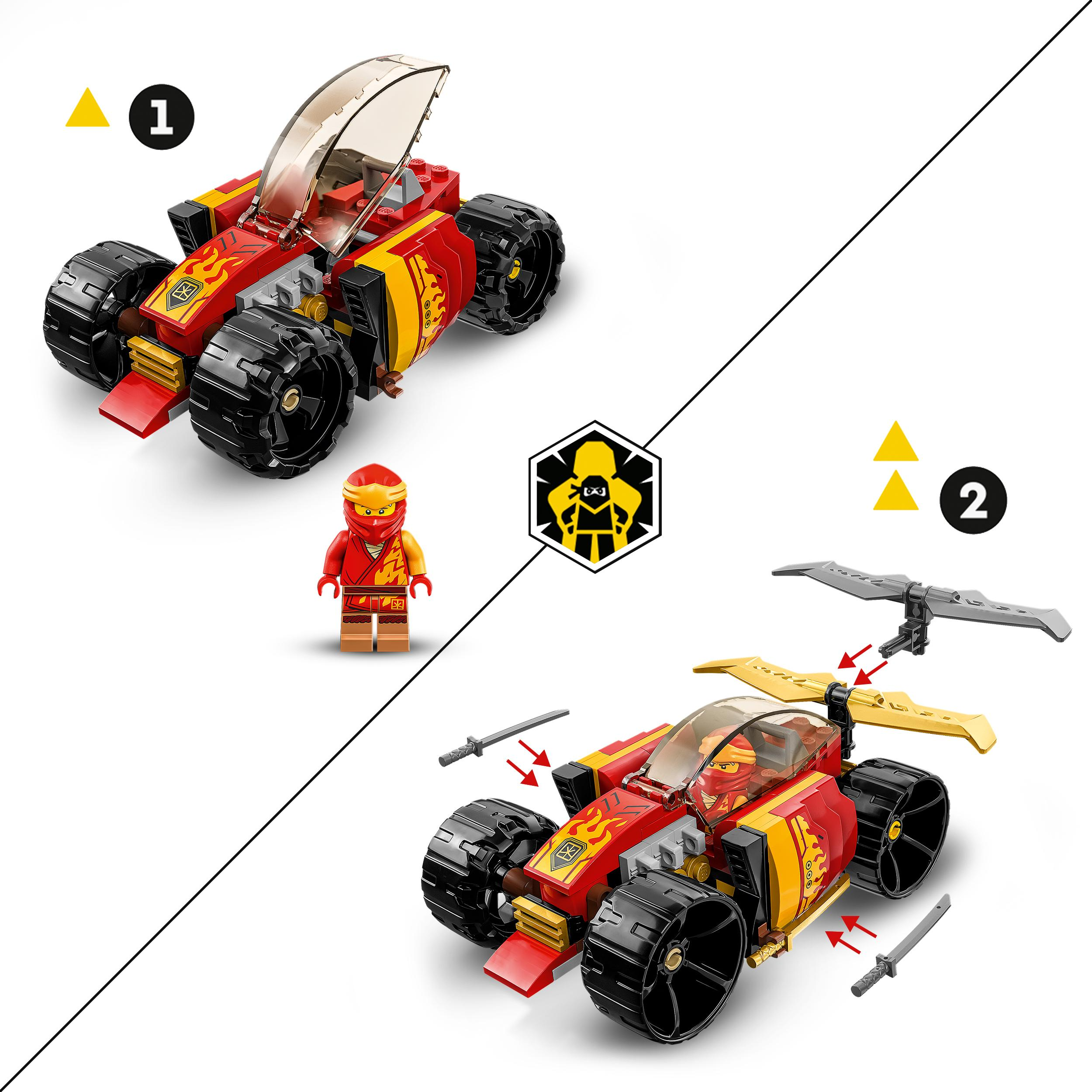 LEGO Ninjago Auto-Set. Rotes und gelbes Auto mit Minifigur und Zubehör.