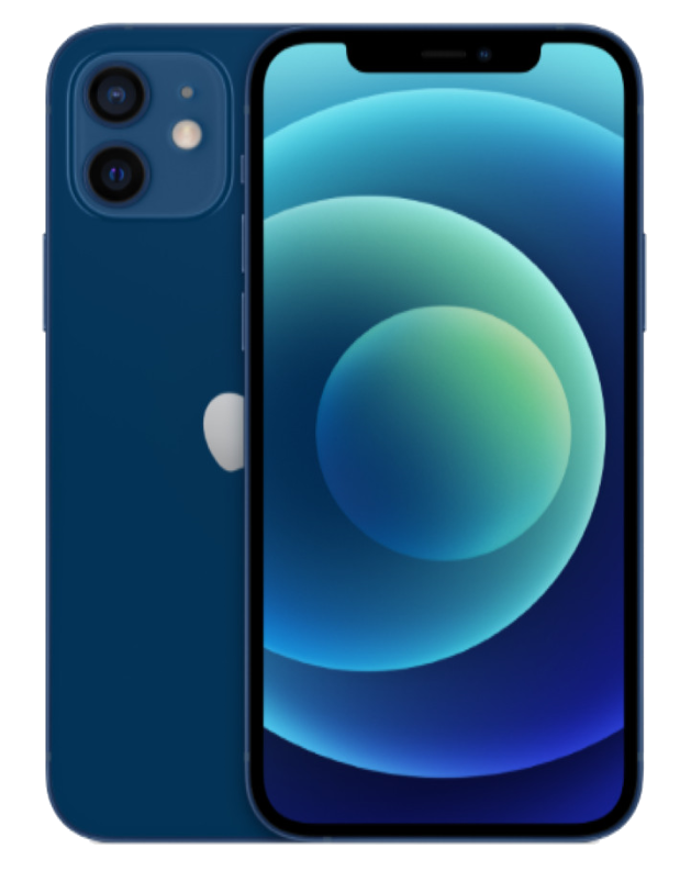 Arkada iki kamerası olan mavi bir iPhone 12.