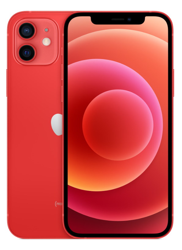 Kırmızı bir iPhone 12. Ekran kırmızı ve turuncu geçişler gösteriyor. Arkada iki kamera ve Apple logosu var.