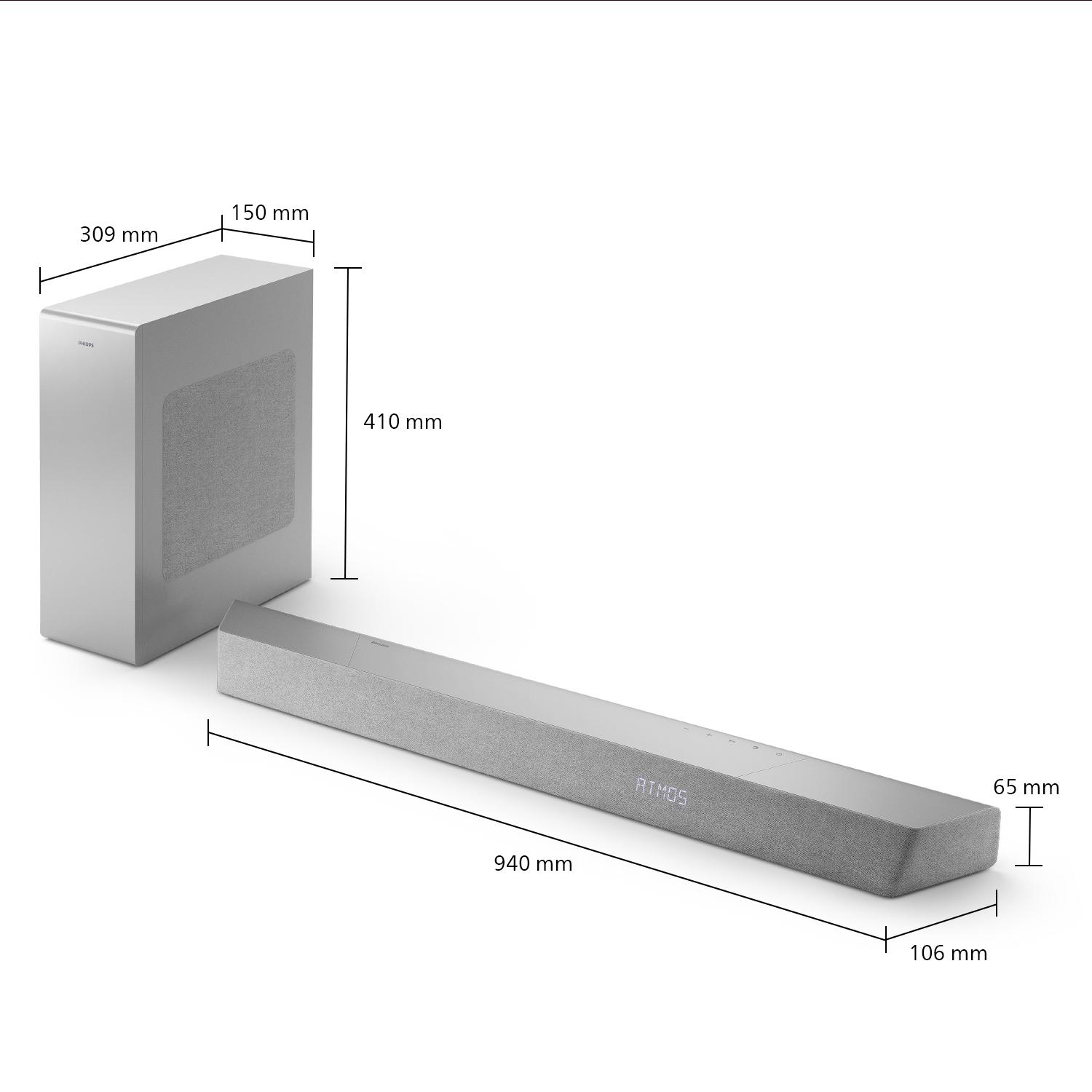 Eine silberne Soundbar und ein passender Subwoofer, mit Abmessungen in Millimetern.