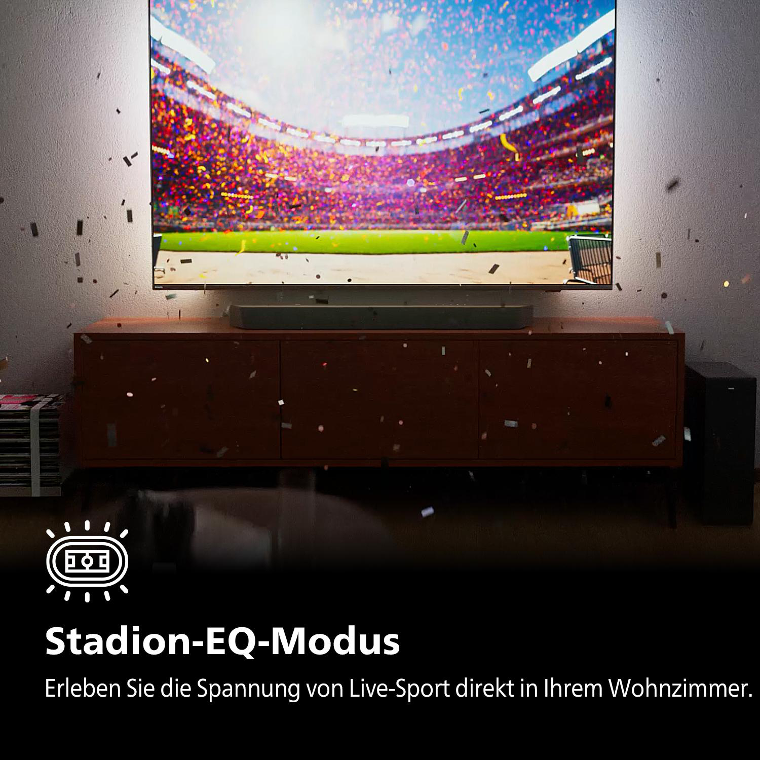 Wohnzimmer mit TV, das eine Stadion-Szene mit fallendem Konfetti zeigt.