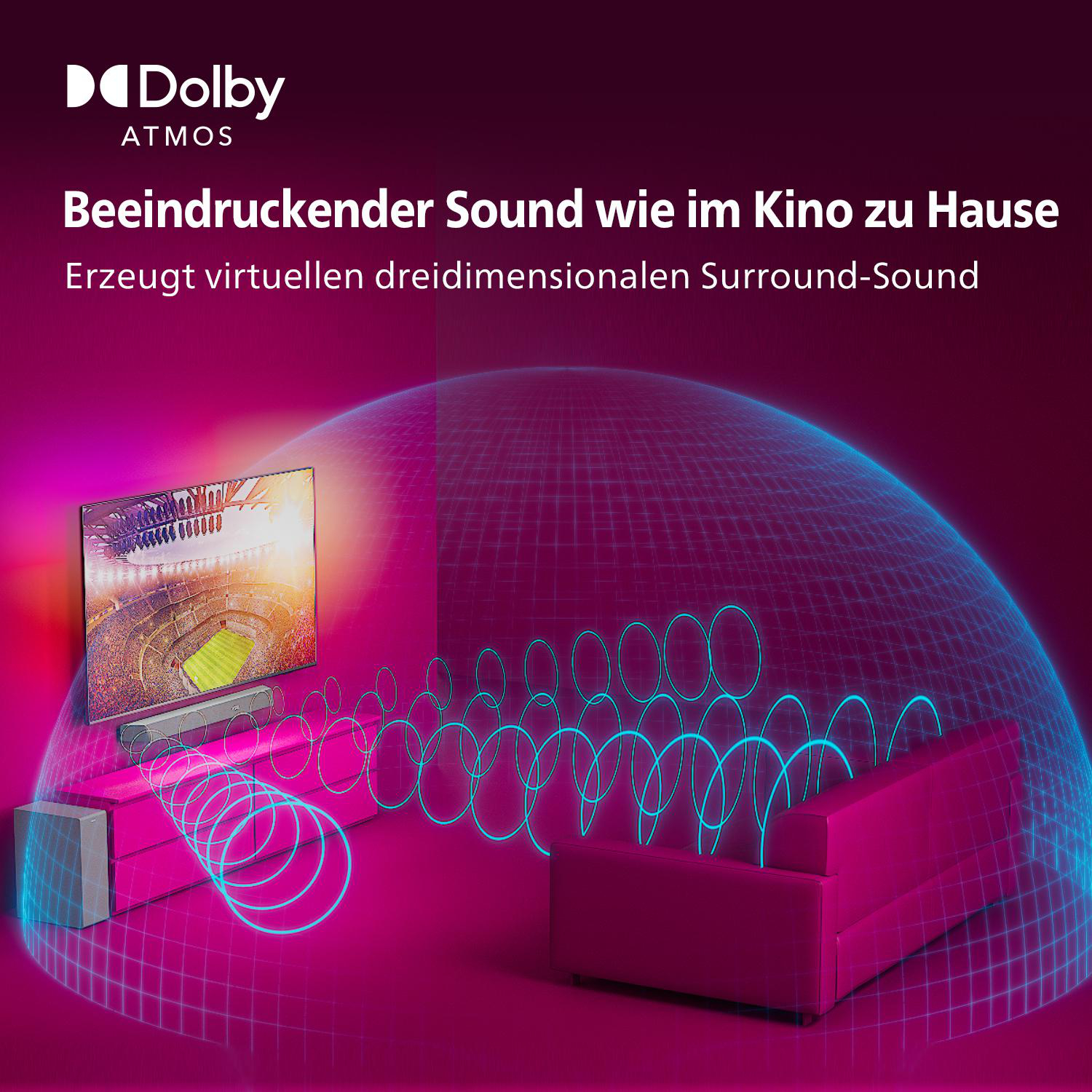 Wohnzimmer mit Fernseher, Soundbar und Sofas. Blaue Lichteffekte. Text: Dolby Atmos. Beeindruckender Sound.