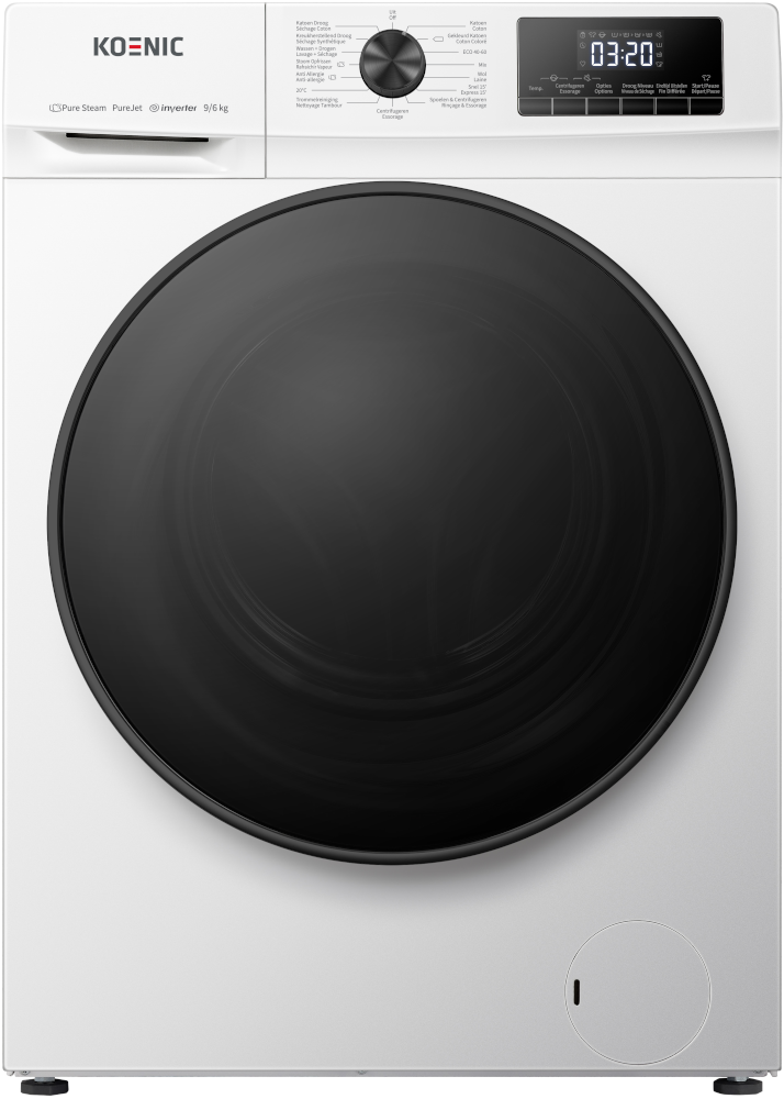 Lave-linge Koenic blanc avec porte noire. Boutons et écran en haut.